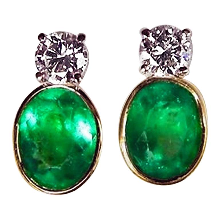 2.35 Carat Natural Colombian Emerald Diamond Stud Earrings 18 Karat