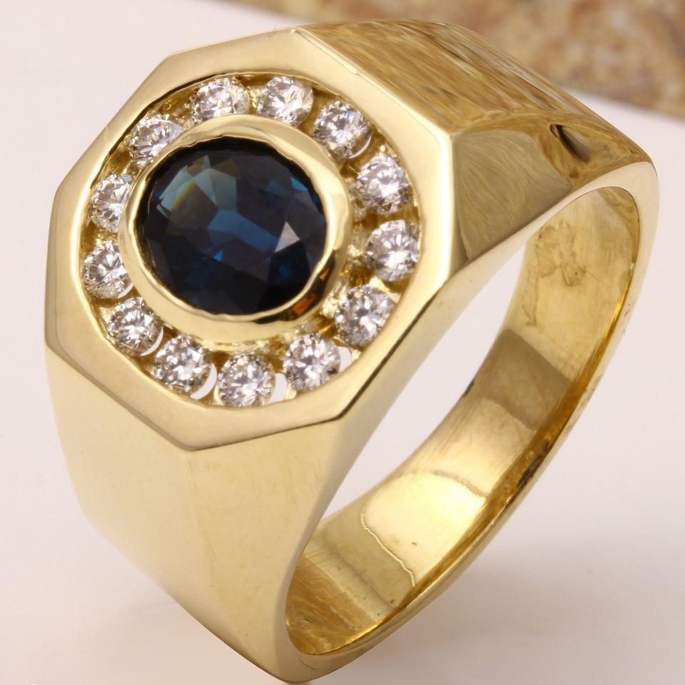 Round Cut 2.35 Carat Natural Diamond & Blue Sapphire 14 Karat Solid Yellow Gold Men's Ring For Sale