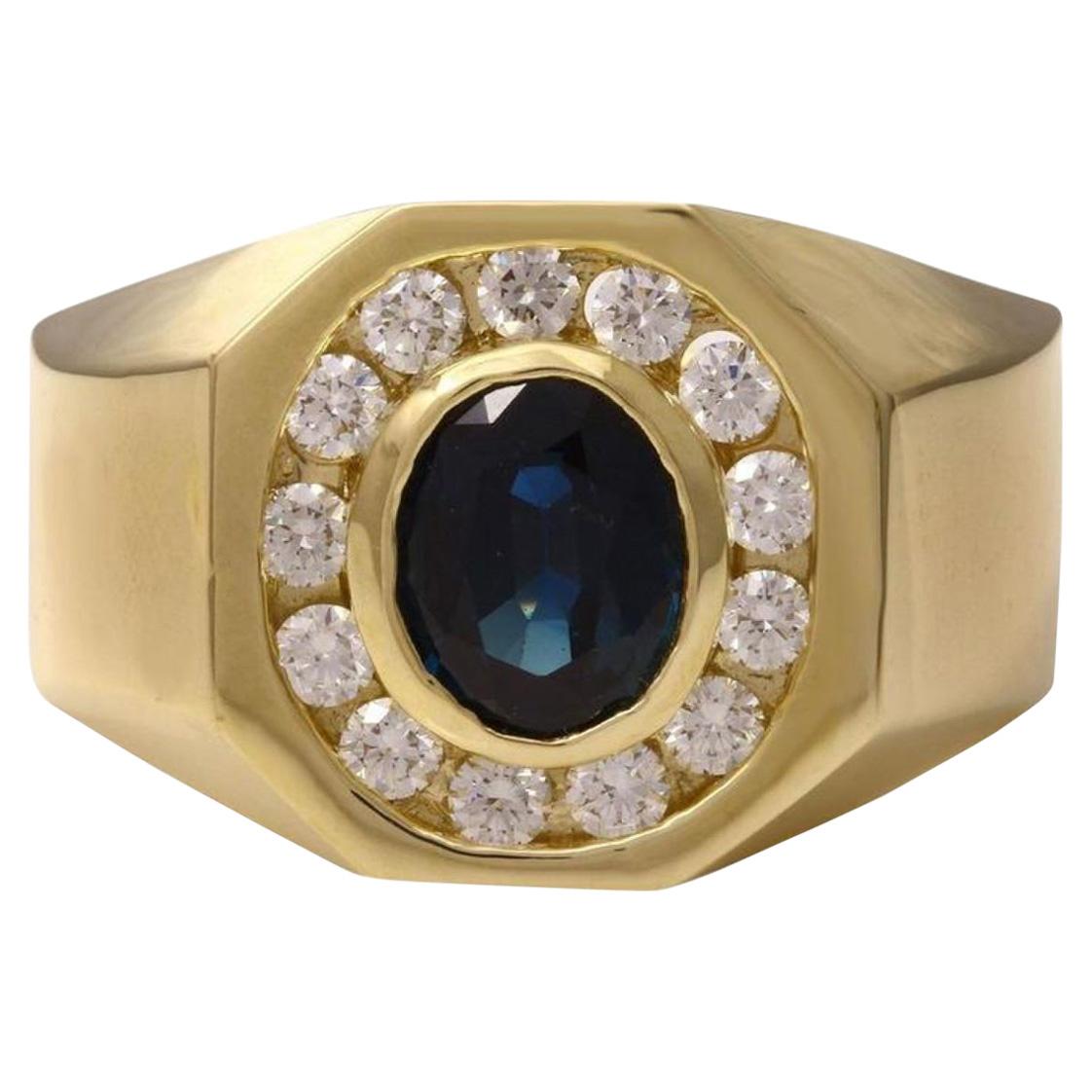 Bague pour homme en or jaune massif 14 carats avec diamants naturels de 2,35 carats et saphir bleu en vente