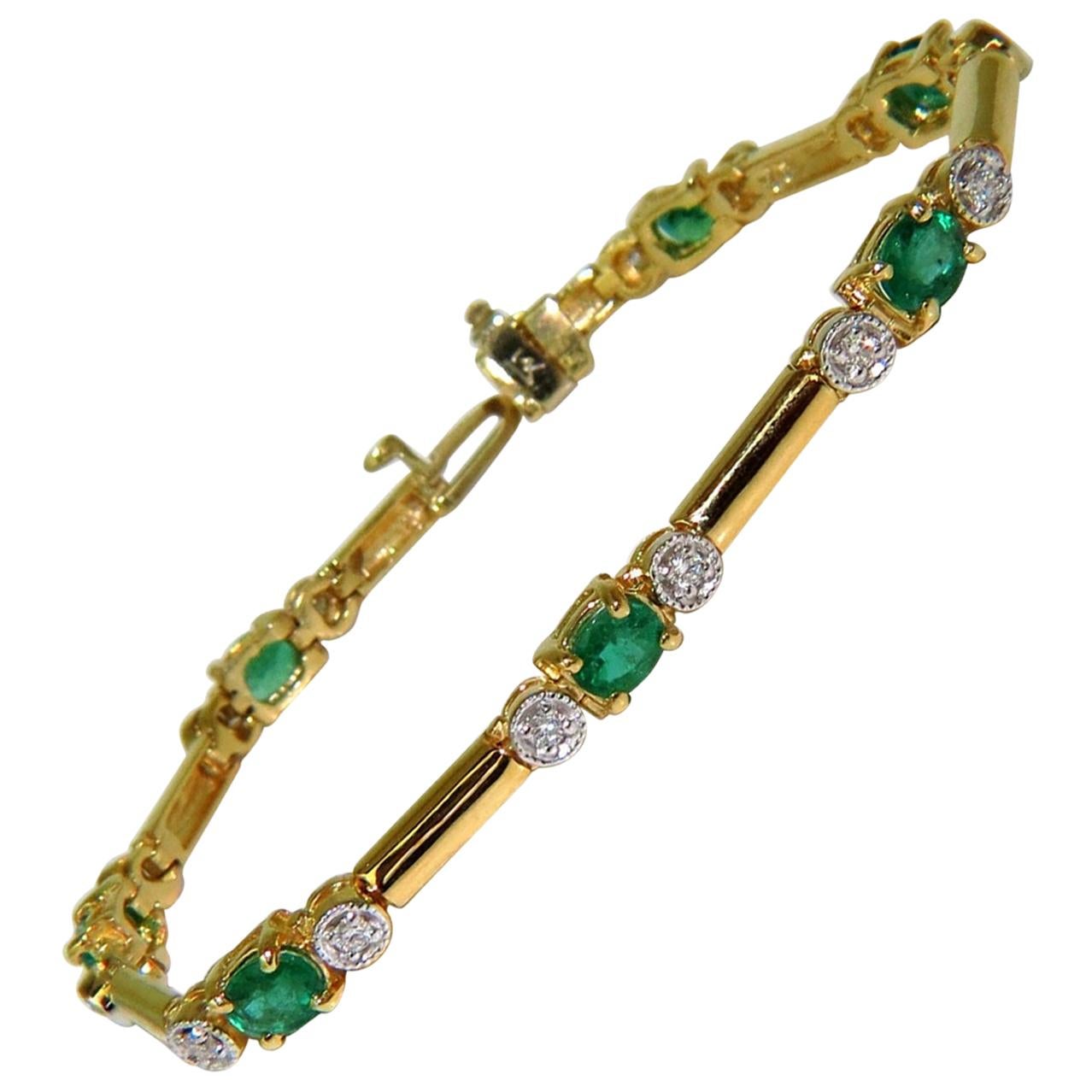 2.35 Carat Natural Emeralds Solid Bar Link Deco Diamonds Bracelet 14 Karat