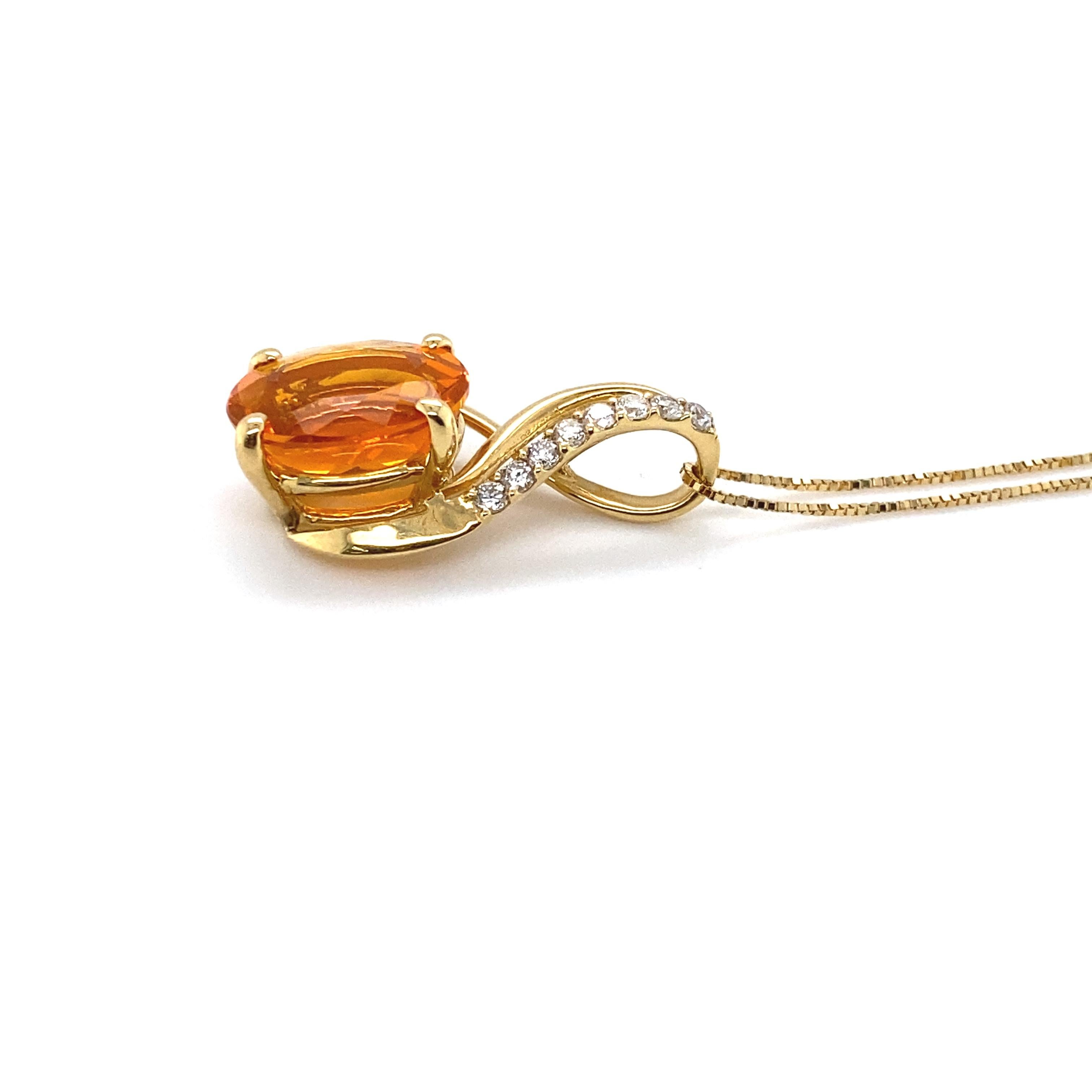 Modern 2.35 Carat Natural Faceted Fire Opal and Diamond Pendant Set in 18K Yellow Gold For Sale