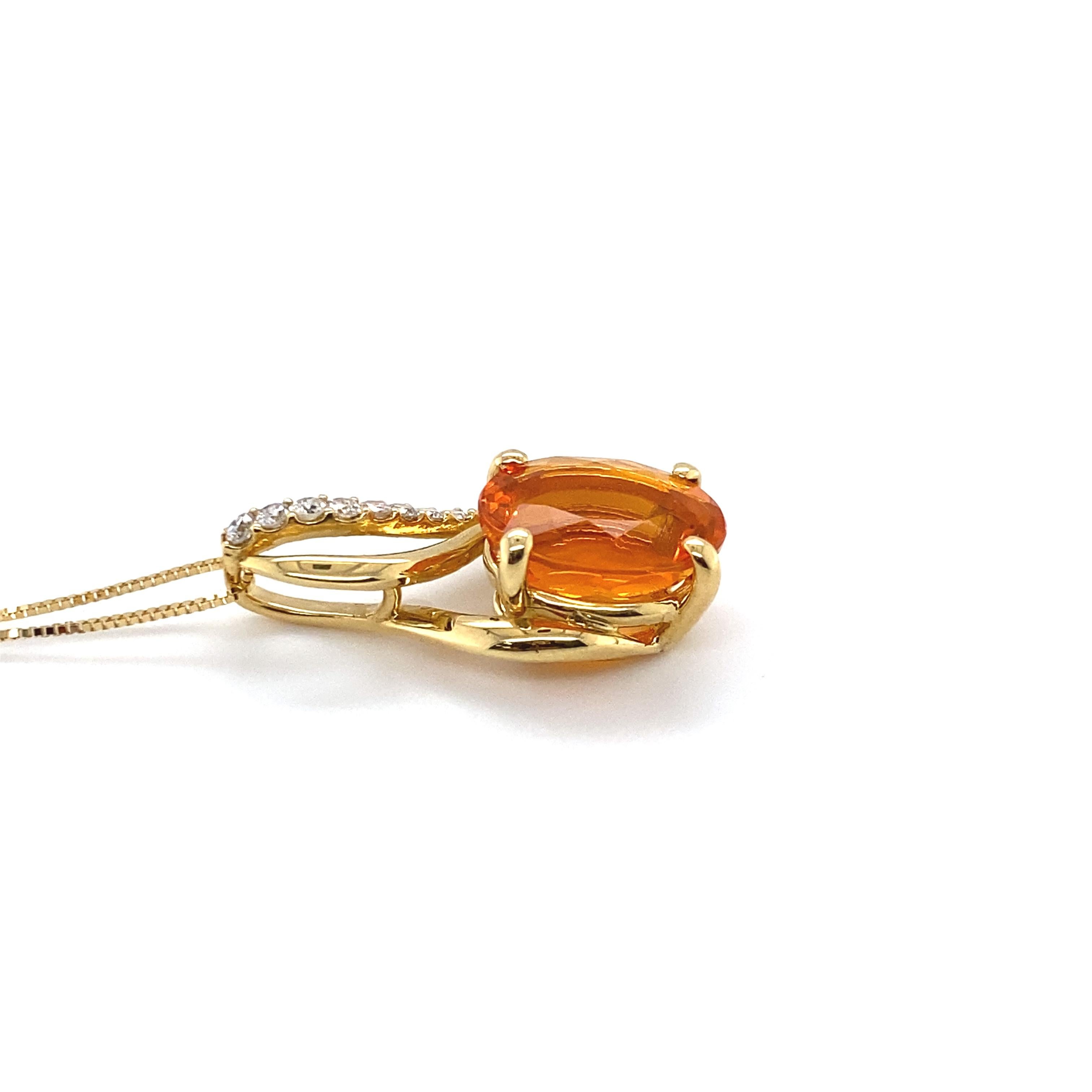 Oval Cut 2.35 Carat Natural Faceted Fire Opal and Diamond Pendant Set in 18K Yellow Gold For Sale