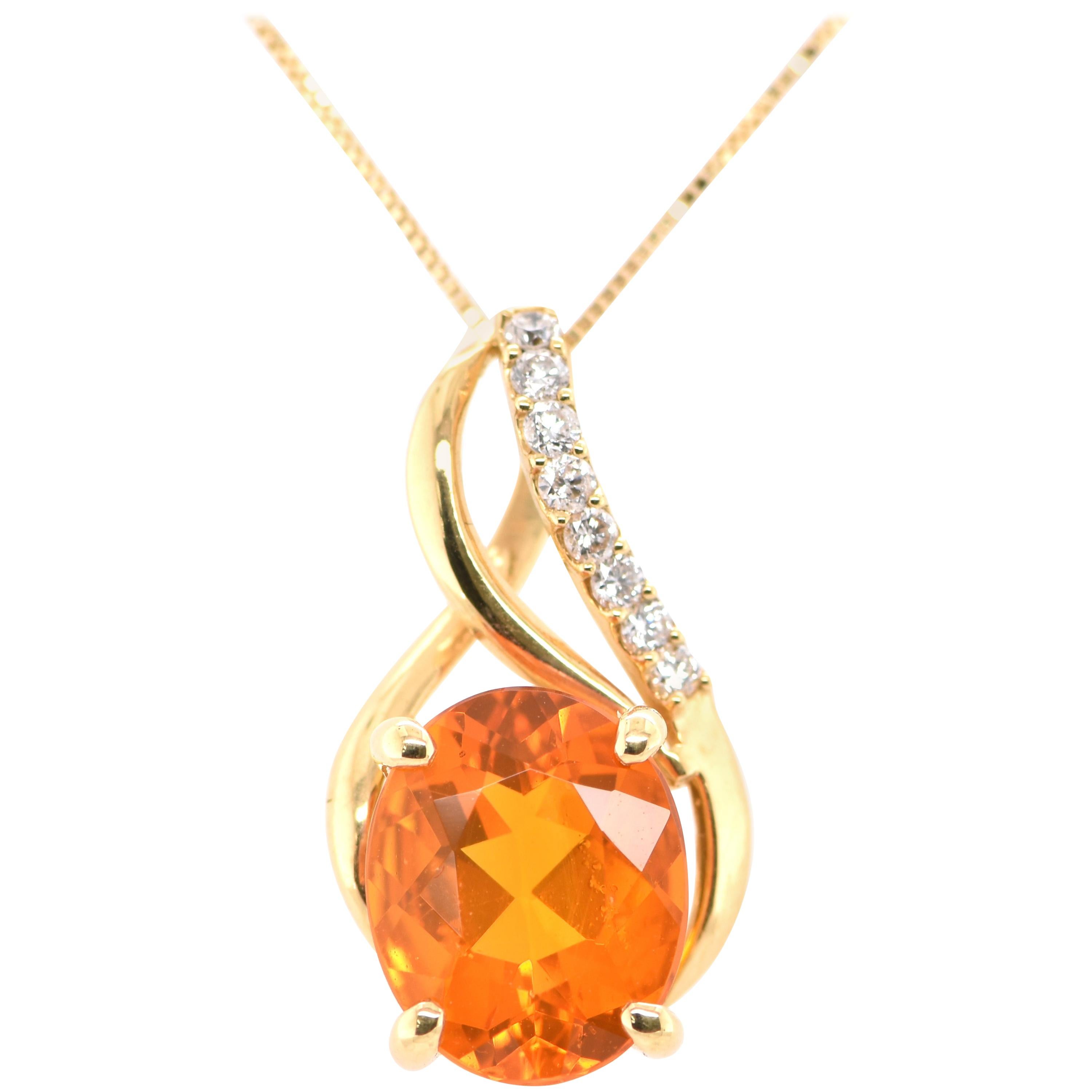 2.35 Carat Natural Faceted Fire Opal and Diamond Pendant Set in 18K Yellow Gold For Sale