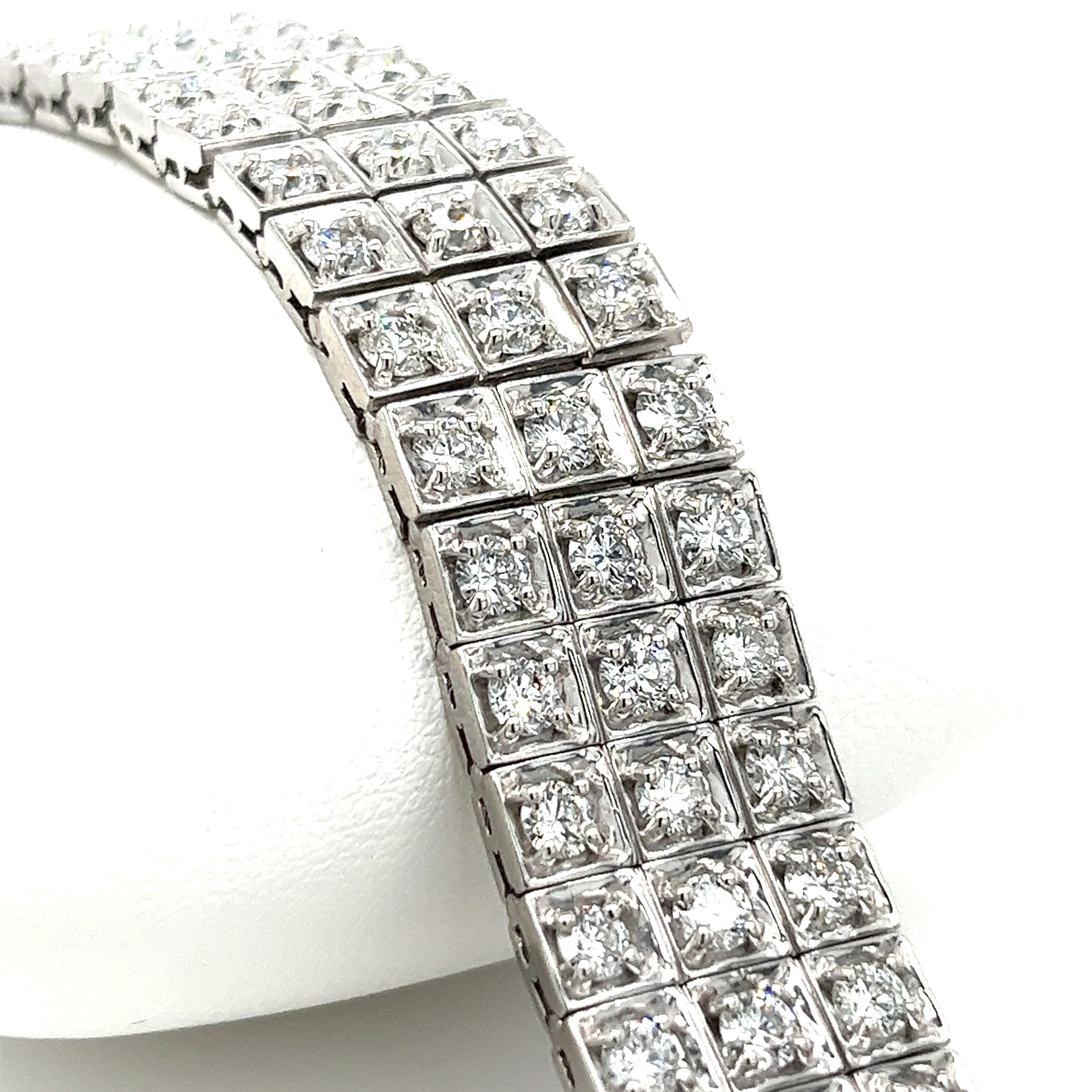 Stunning 3-row platinum 950 natural diamond link bracelet. A true testament to meticulous craftsmanship and sophistication. Each and every link is meticulously handmade, set with a matching round-cut diamond of approx. 0.20ct each, and then linked