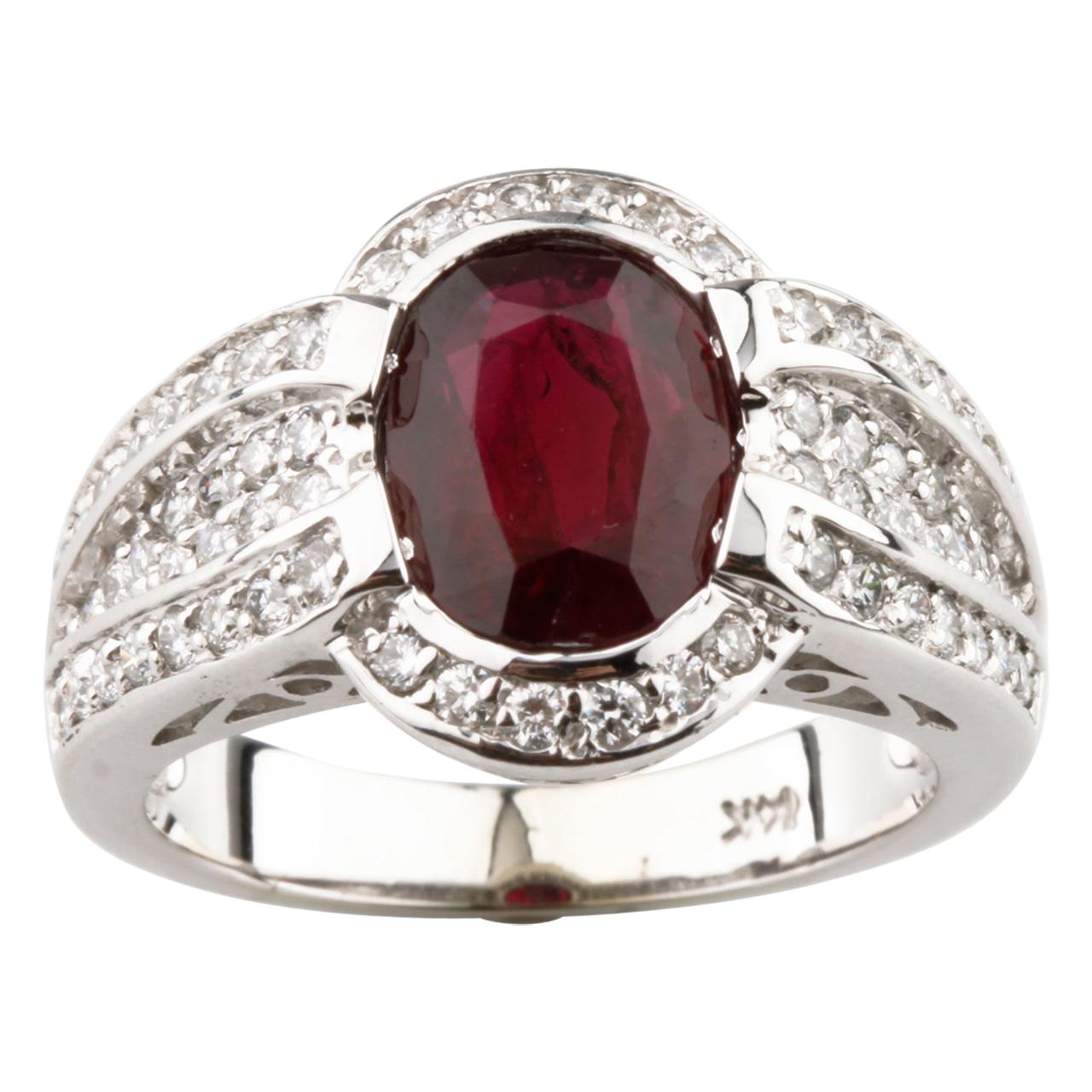 2.35 Carat Natural Ruby Ring with Diamond Accents in White Gold For Sale