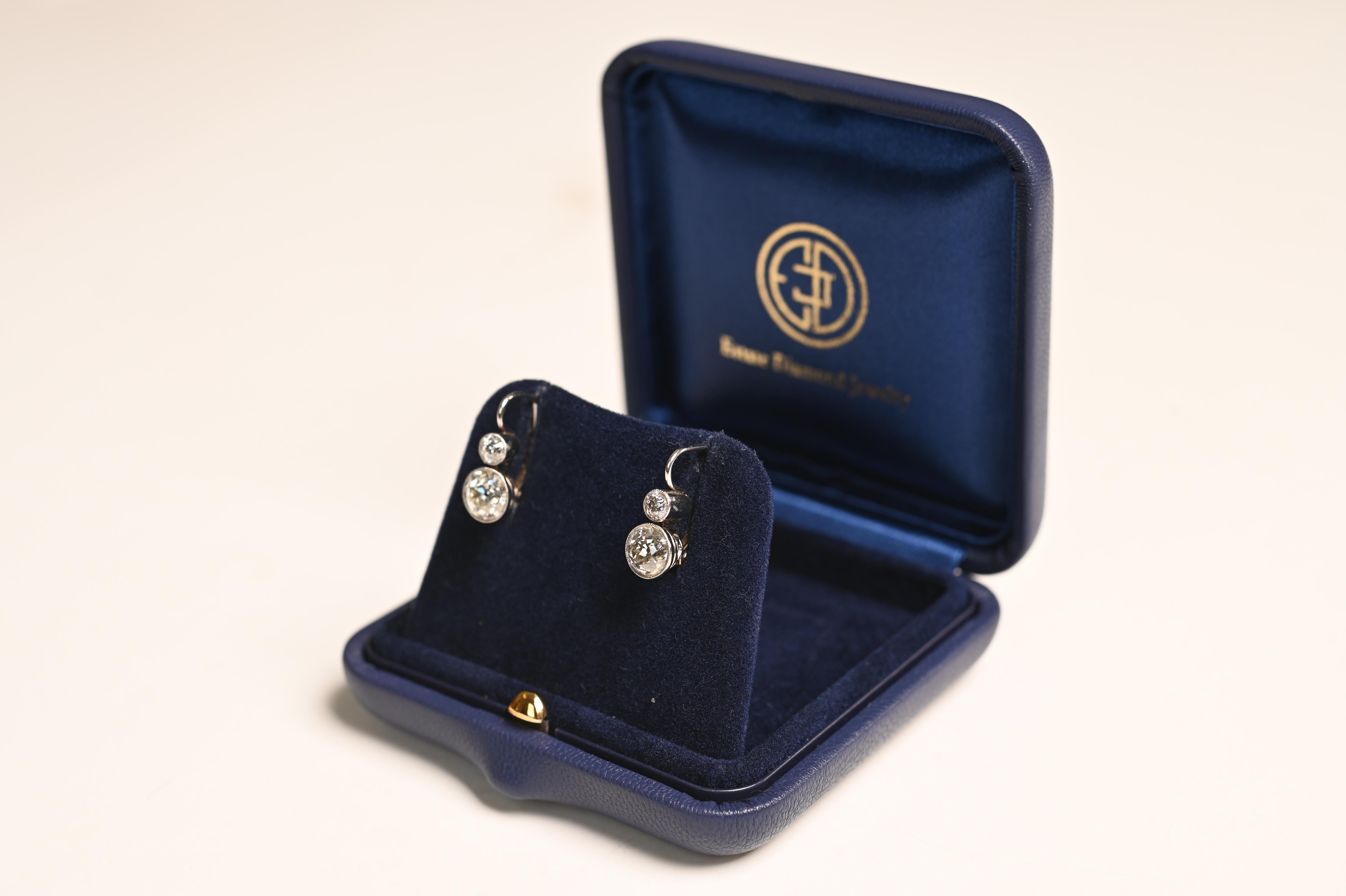 Art Deco Old Euro Cut Diamond Earrings (Approx 2.30-Carats), 18k Yellow Gold, Platinum For Sale