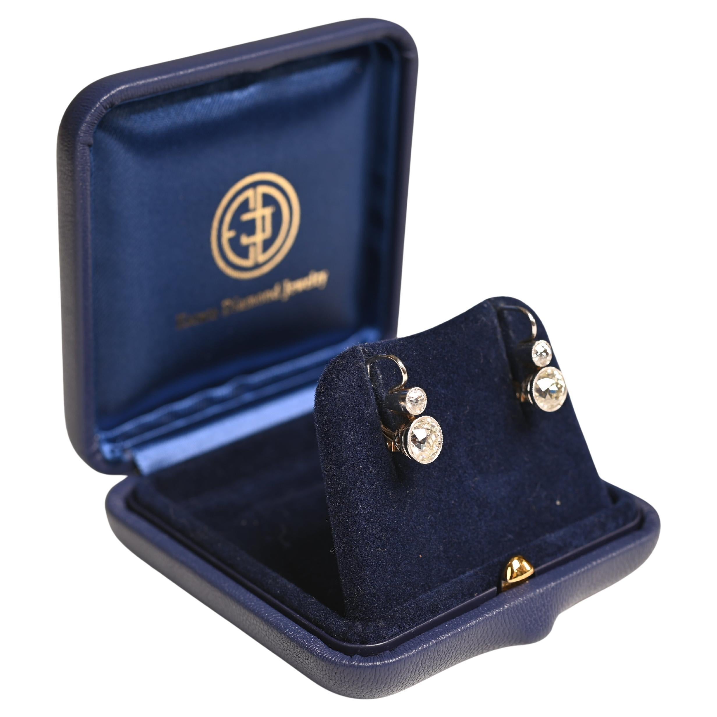 2,35 Karat Diamant-Ohrringe mit altem Euroschliff, 18k Gelbgold, Platin