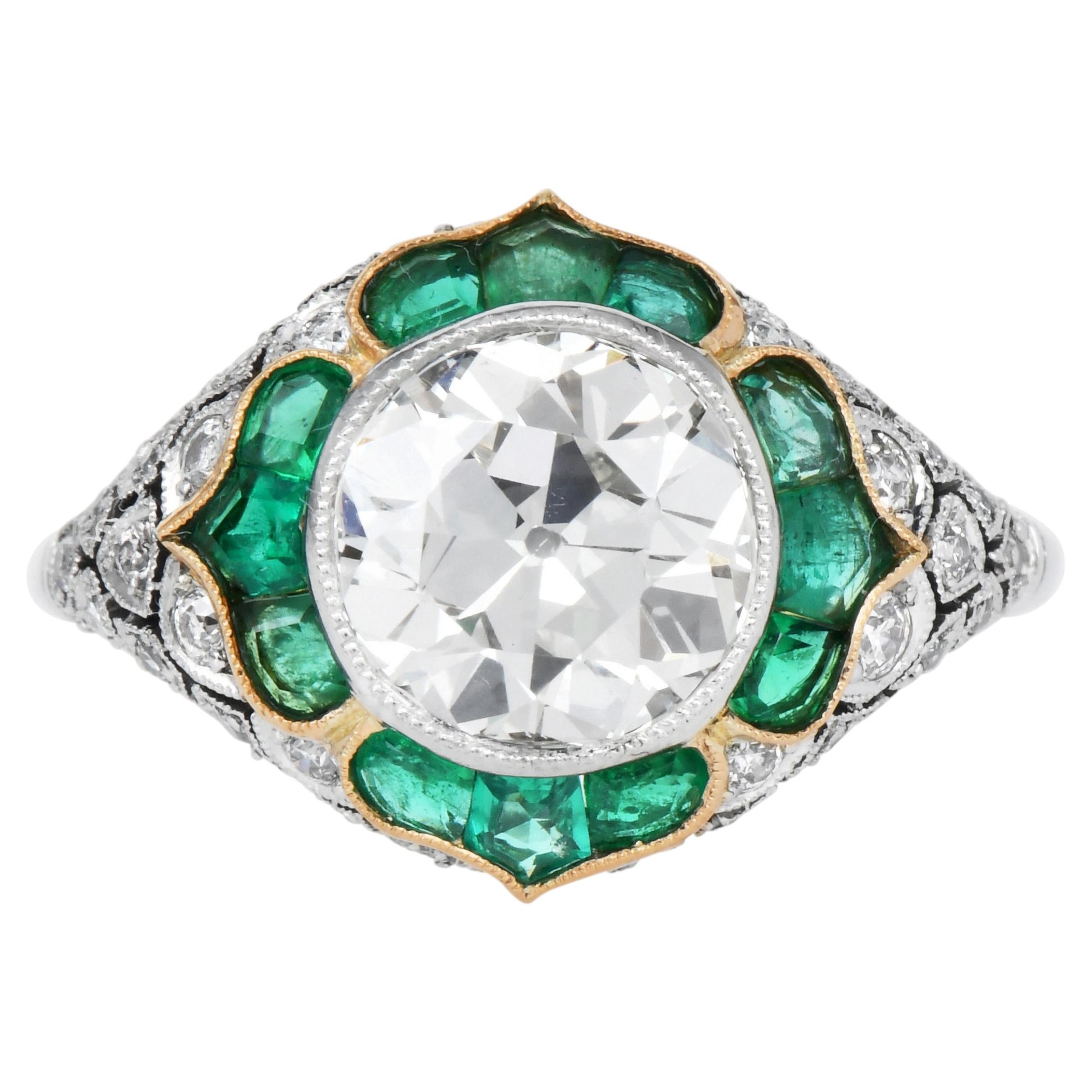 2.35 Carat Old European Cut Diamond Emerald Platinum Art Deco Ring