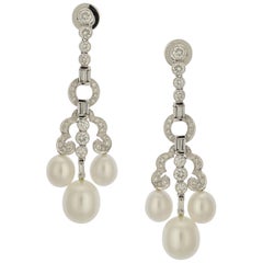 2.35 Carat Platinum, Diamond and Cultured Pearl Chandelier Earrings