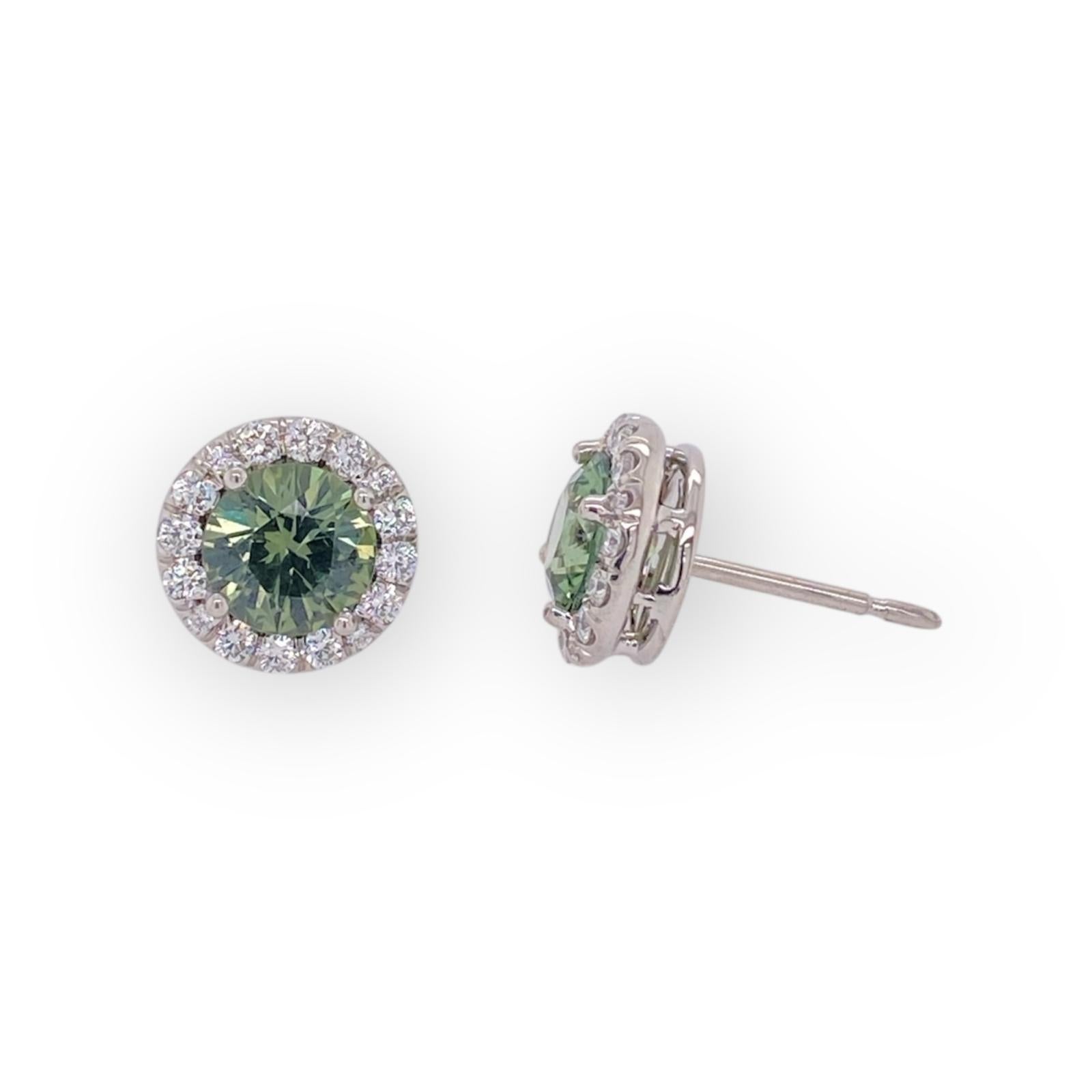 2.35 carat Round Green Sapphire with Thirty two Round Diamonds 0.41 carats set in Platinum Halo Pushback Earrings