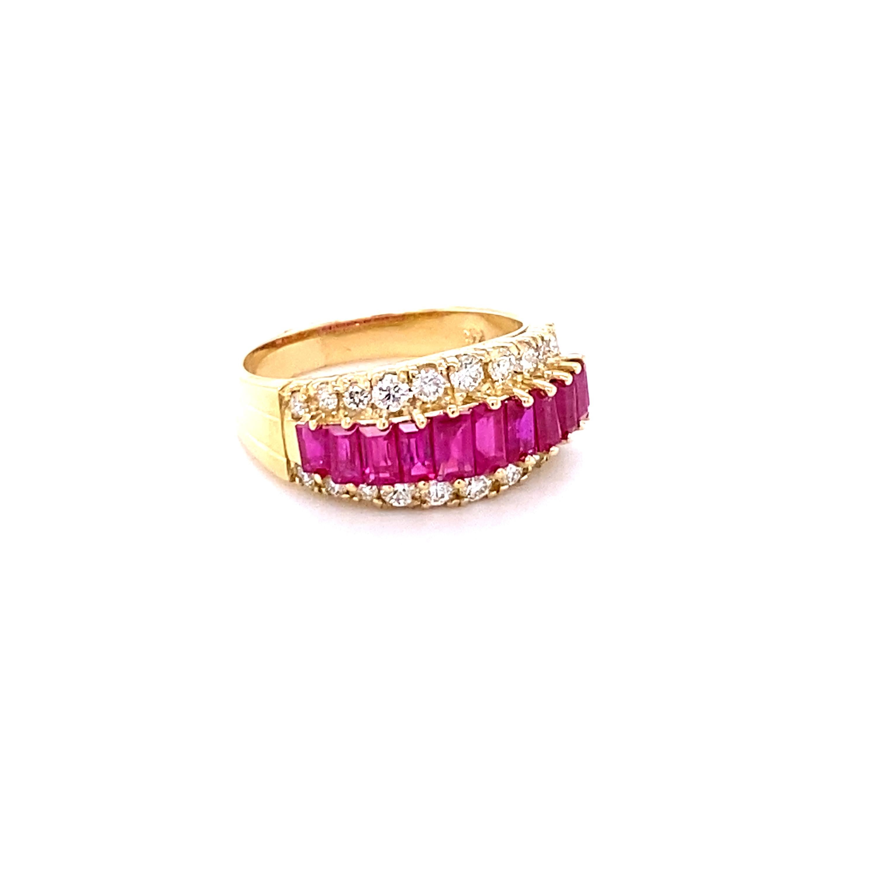 This ring has 11 Straight Baguette Cut Rubies that weigh 1.85 Carats and 22 Round Cut Diamonds that weigh 0.50 Carats with a clarity and color of VS-H. The total carat weight of the ring is 2.35 Carats.

The ring is casted in 14K Yellow Gold and