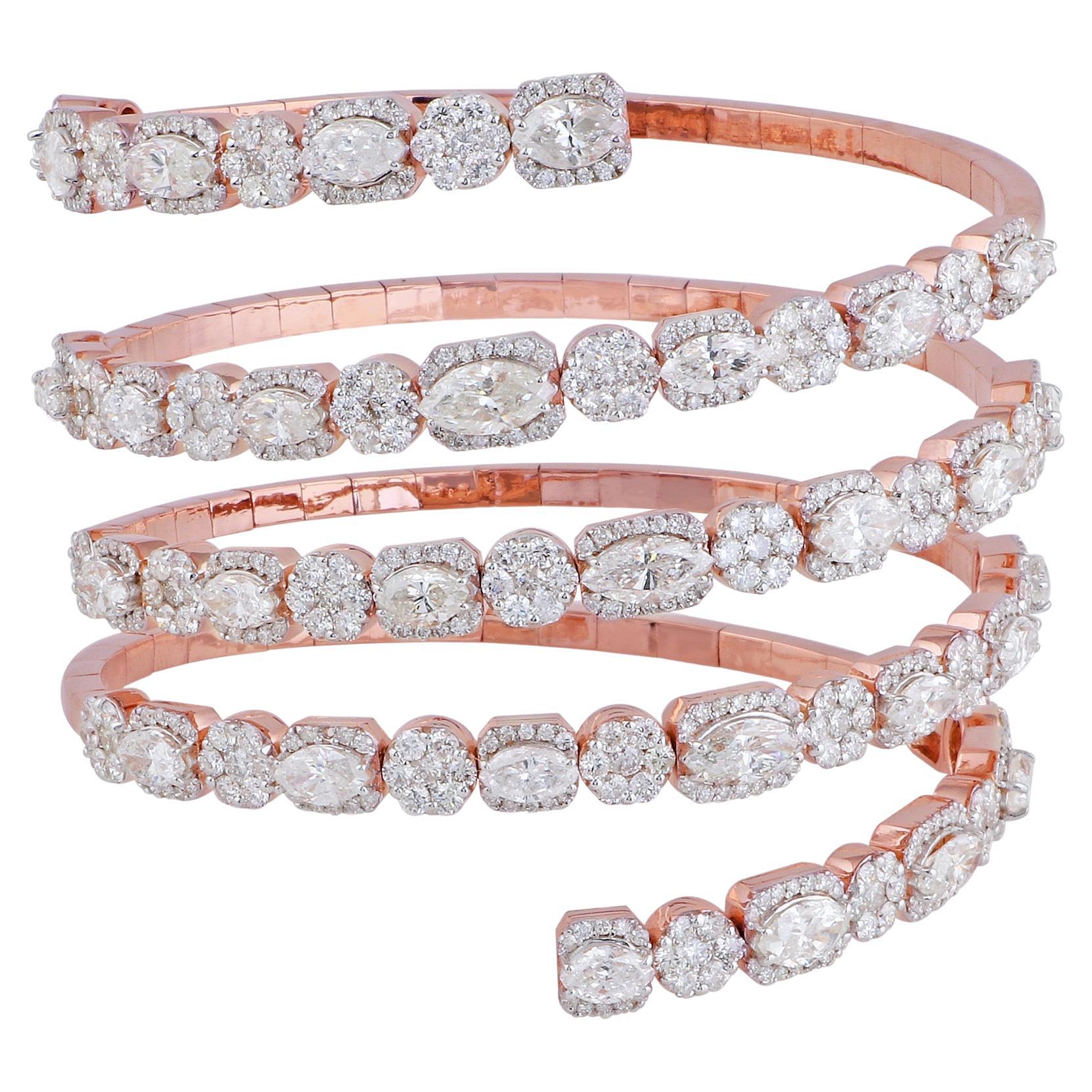 Natural SI Clarity HI Color Diamond Spiral Bangle Bracelet 18 Karat Rose Gold