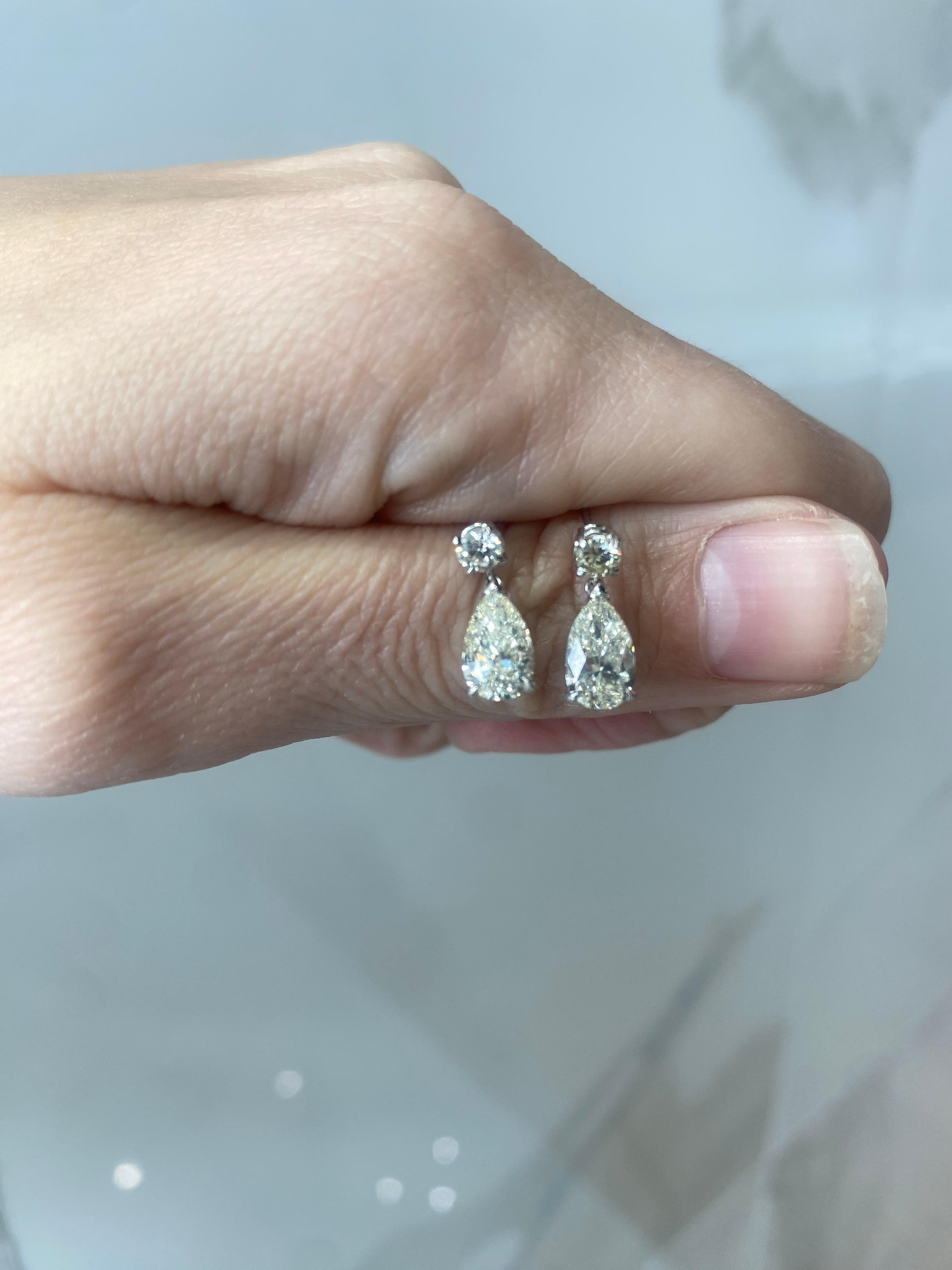 2.35 Carat Total Weight Pear Shaped Diamond Dangle Earrings, 14 Karat White Gold For Sale 3