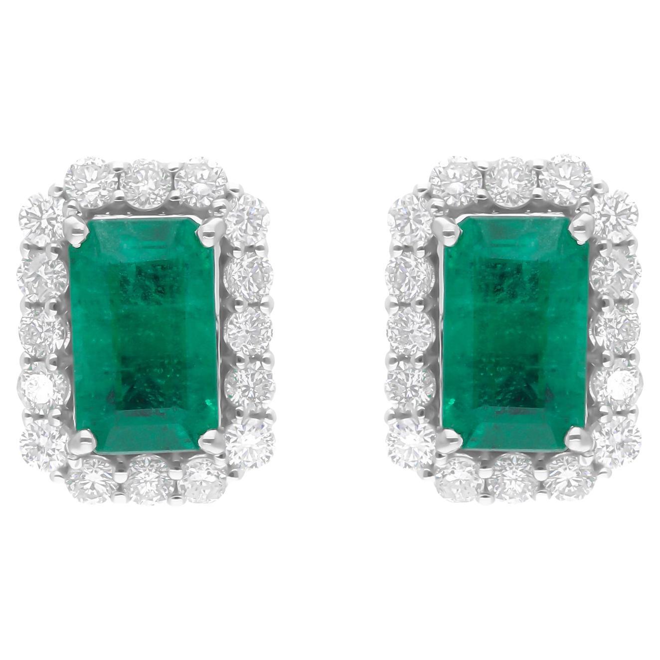 2.35 Carat Zambian Emerald 0.77 Carat SI/H Diamond 14 Karat White Gold Earrings