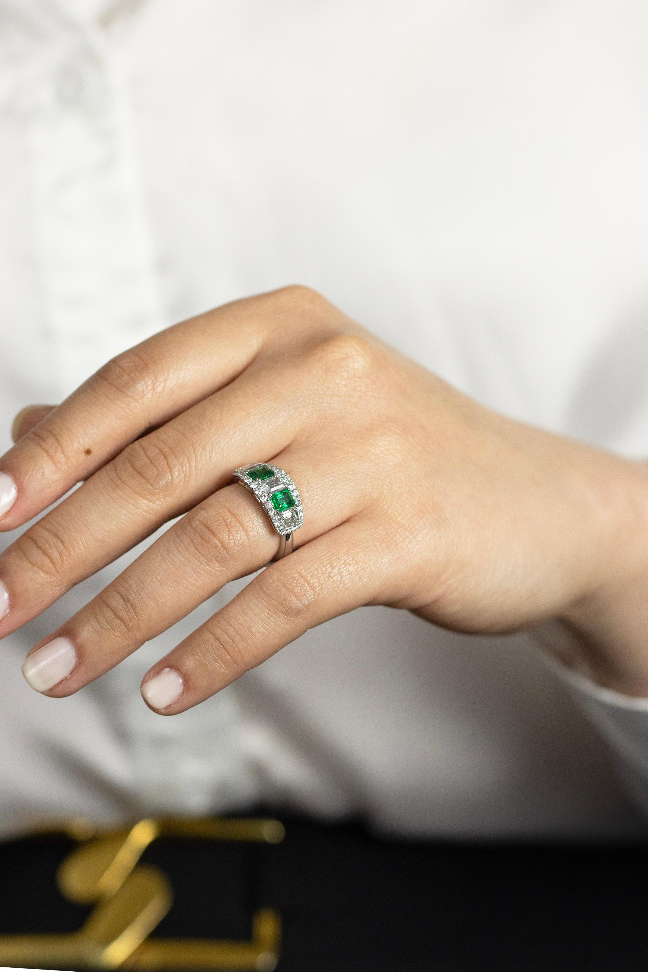 2.35 Carats Total Emerald Cut Green Emerald and Diamond Five-Stone Fashion Ring In New Condition For Sale In New York, NY