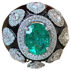 2.35 Carats, Natural Zambian Emerald, Diamonds & Black Enamel Cocktail/Dome Ring