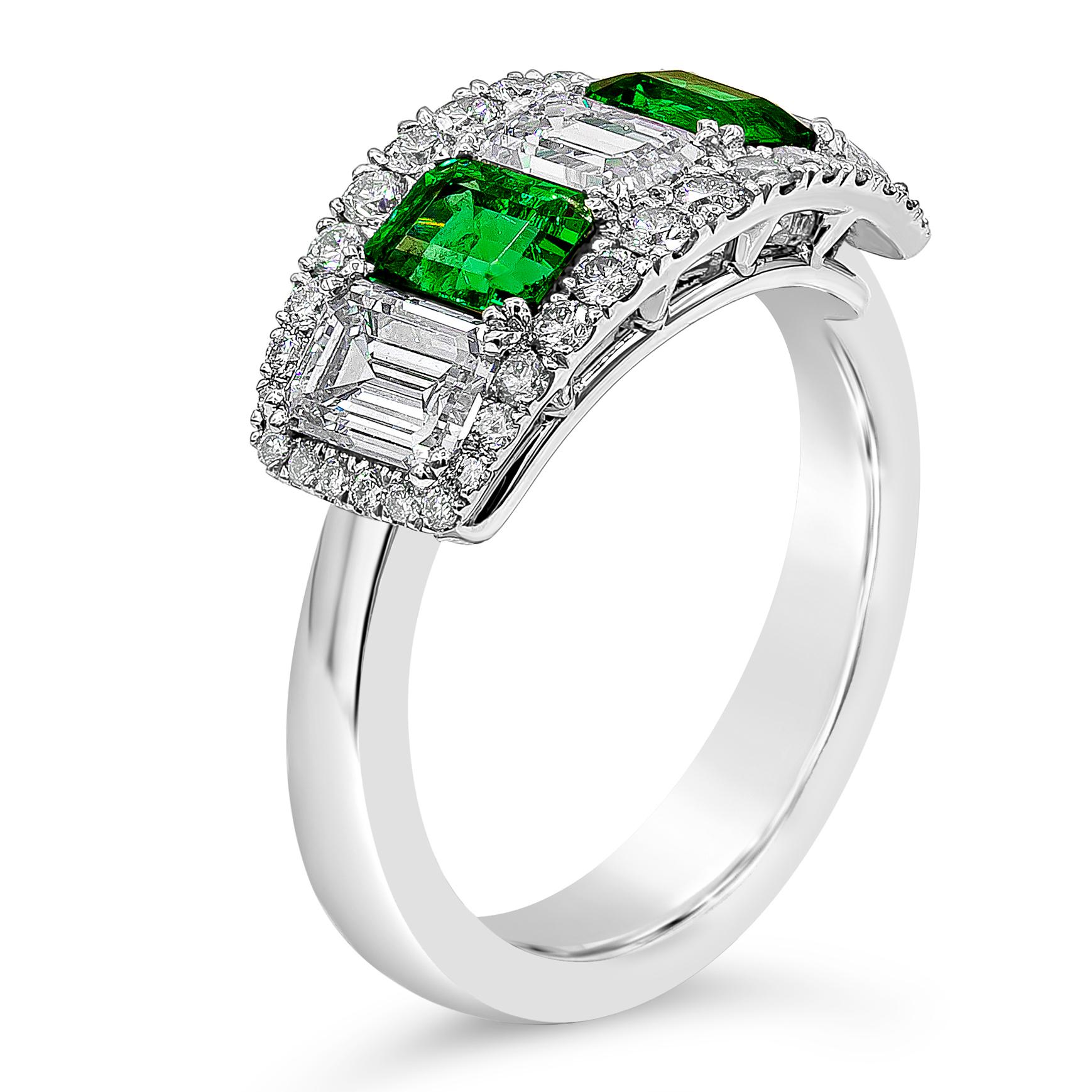 Contemporary 2.35 Carats Total Emerald Cut Green Emerald and Diamond Five-Stone Fashion Ring For Sale