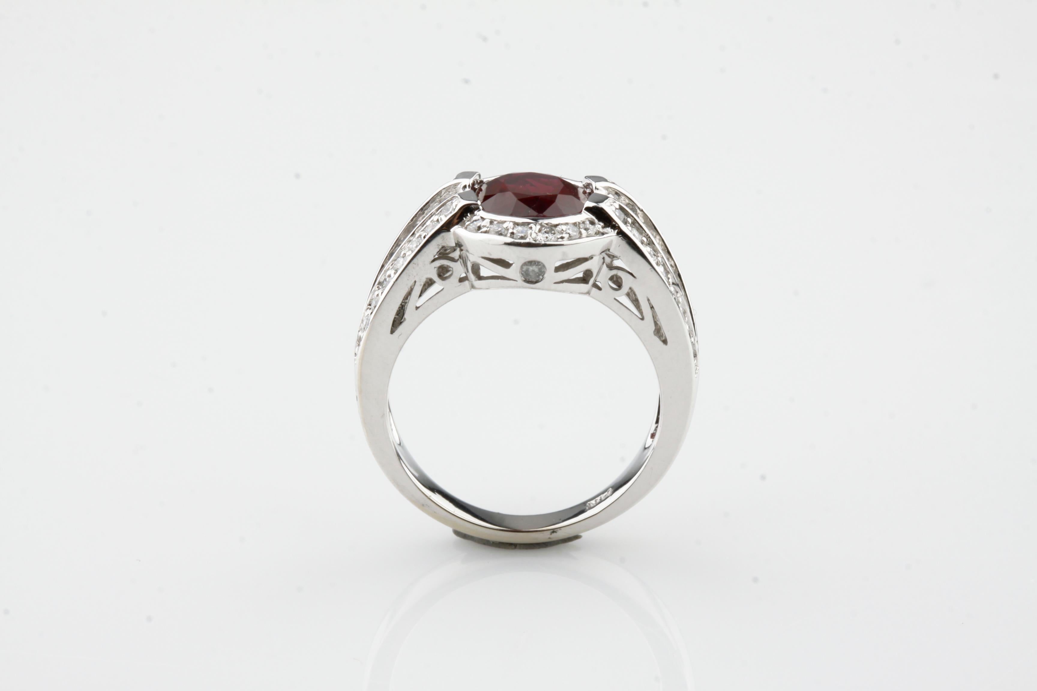 Modern 2.35 Carat Natural Ruby Ring with Diamond Accents in White Gold For Sale