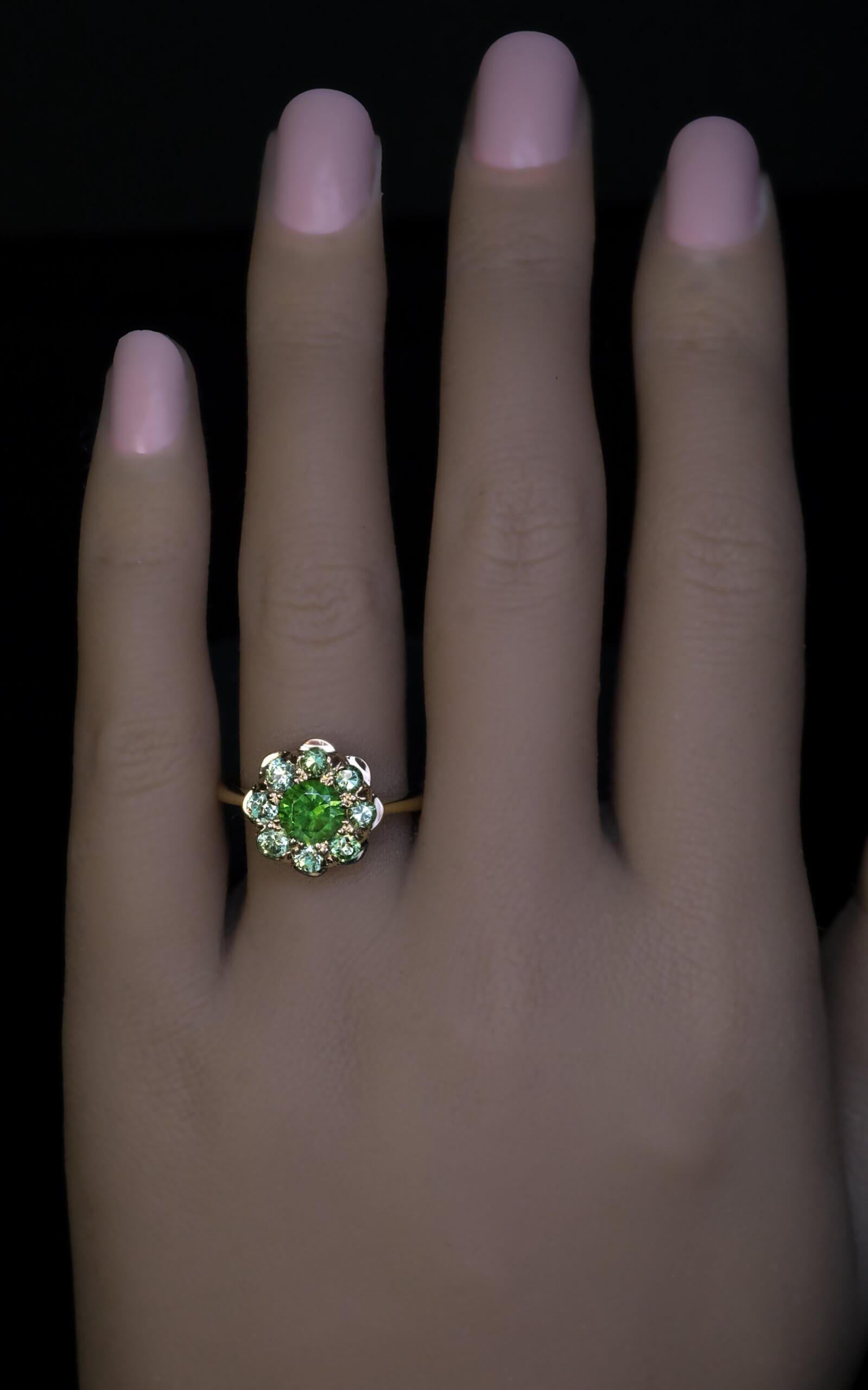 2.35 Carat Russian Demantoid 18k Gold Cluster Ring In New Condition For Sale In Chicago, IL
