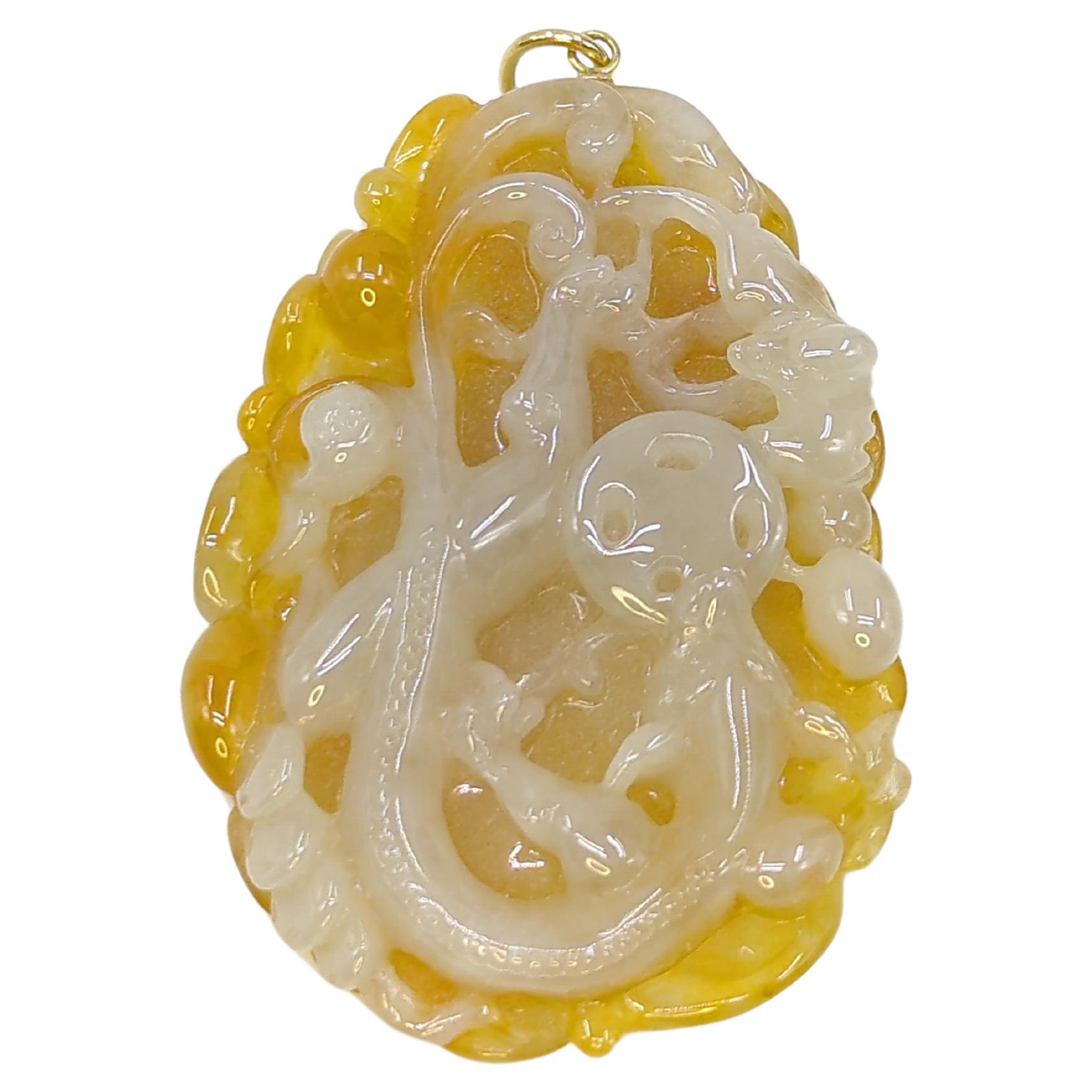 23.5"  Yellow Jadeite Qi-Dragon Pendant Beaded Necklace GIA Gemologist Appraisal For Sale