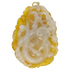 Antique 23.5"  Yellow Jadeite Qi-Dragon Pendant Beaded Necklace GIA Gemologist Appraisal