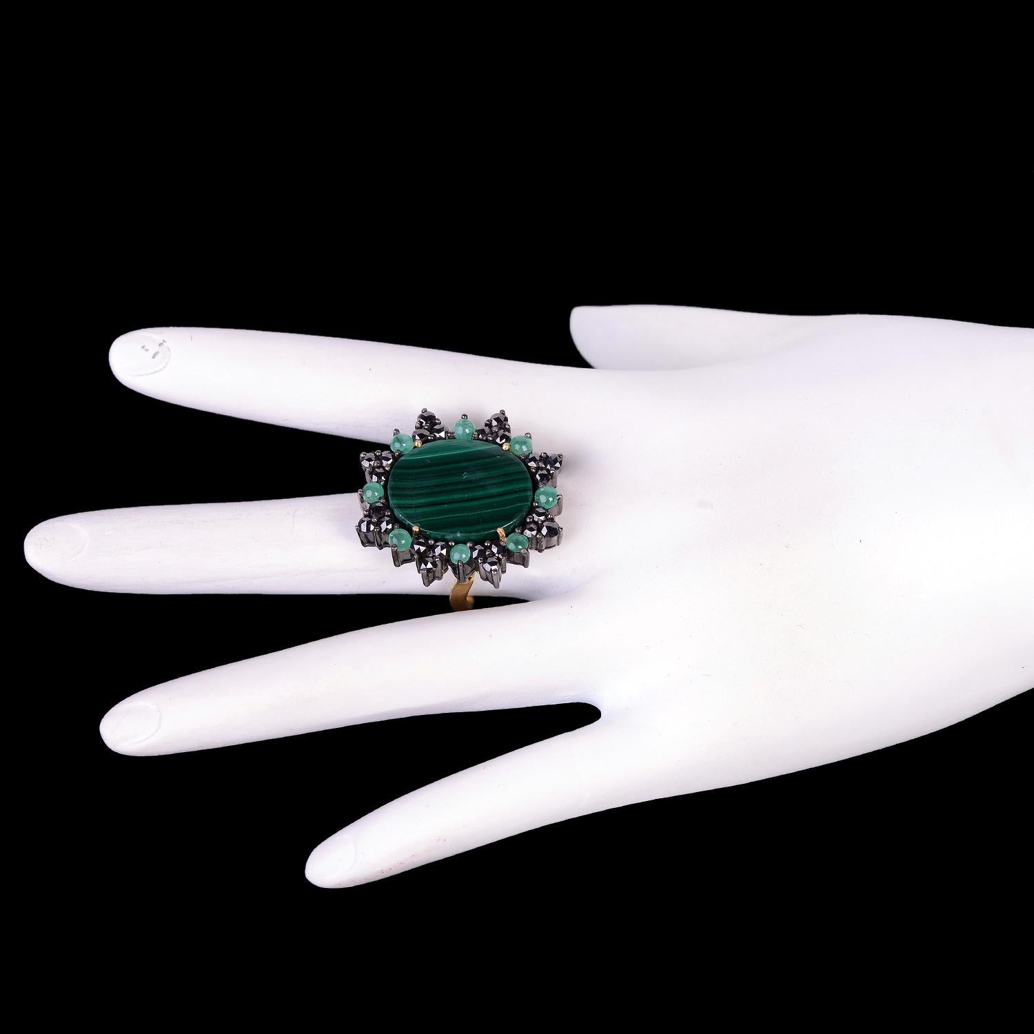 Mixed Cut 23.50ct Malachite Cocktail Ring With Emerald & Diamond Made In 18k Gold & Silver For Sale