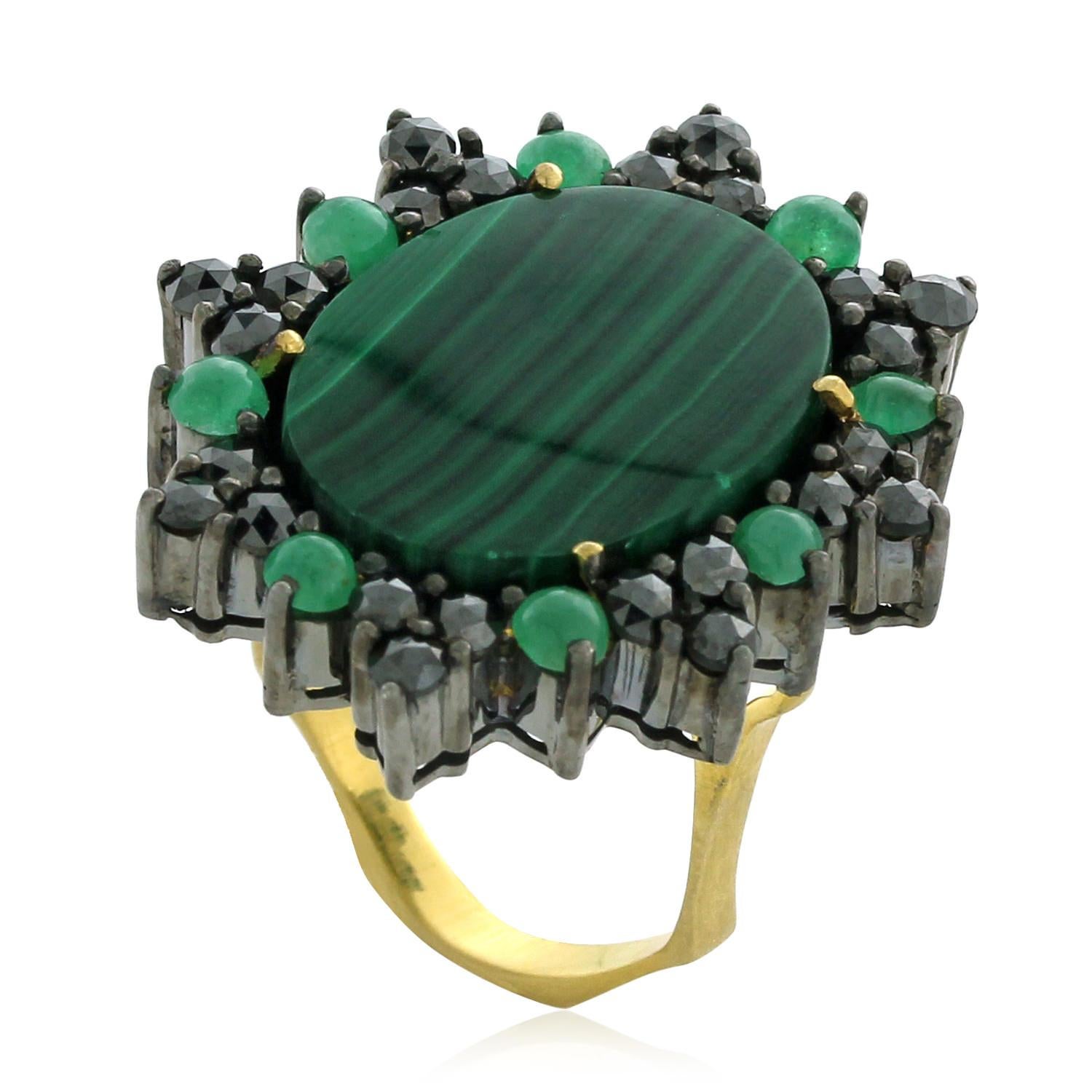 23.50ct Malachite Cocktail Ring With Emerald & Diamond Made In 18k Gold & Silver In New Condition For Sale In New York, NY