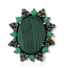 23.50ct Malachite Cocktail Ring With Emerald & Diamond Made In 18k Gold & Silver
