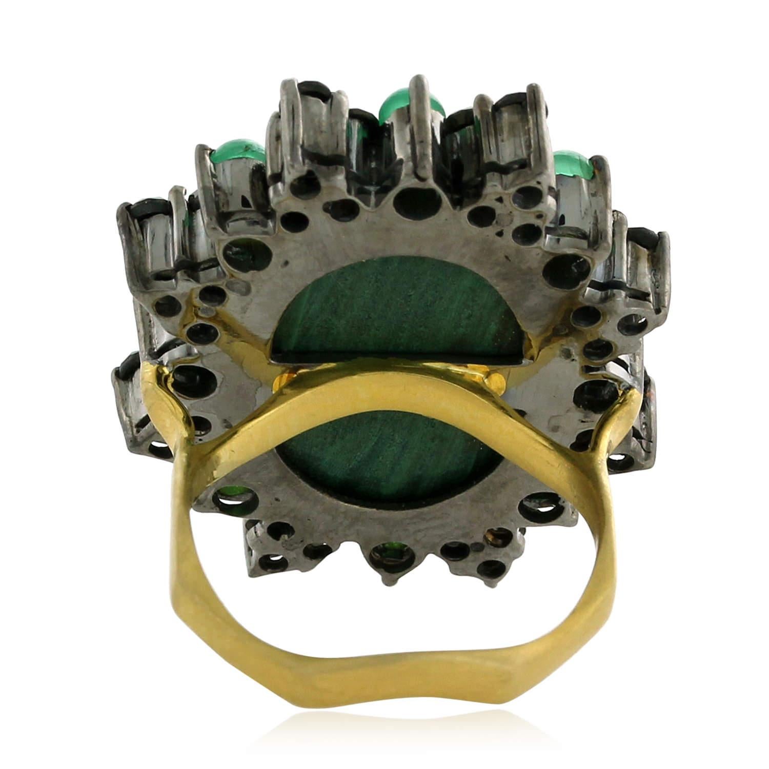 Art Nouveau 23.50ct Malachite Cocktail Ring With Emerald & Diamond Made In 18k Gold & Silver For Sale