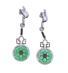 23.50ctw Jadeite Jade Diamond Onyx Gold Drop Earrings