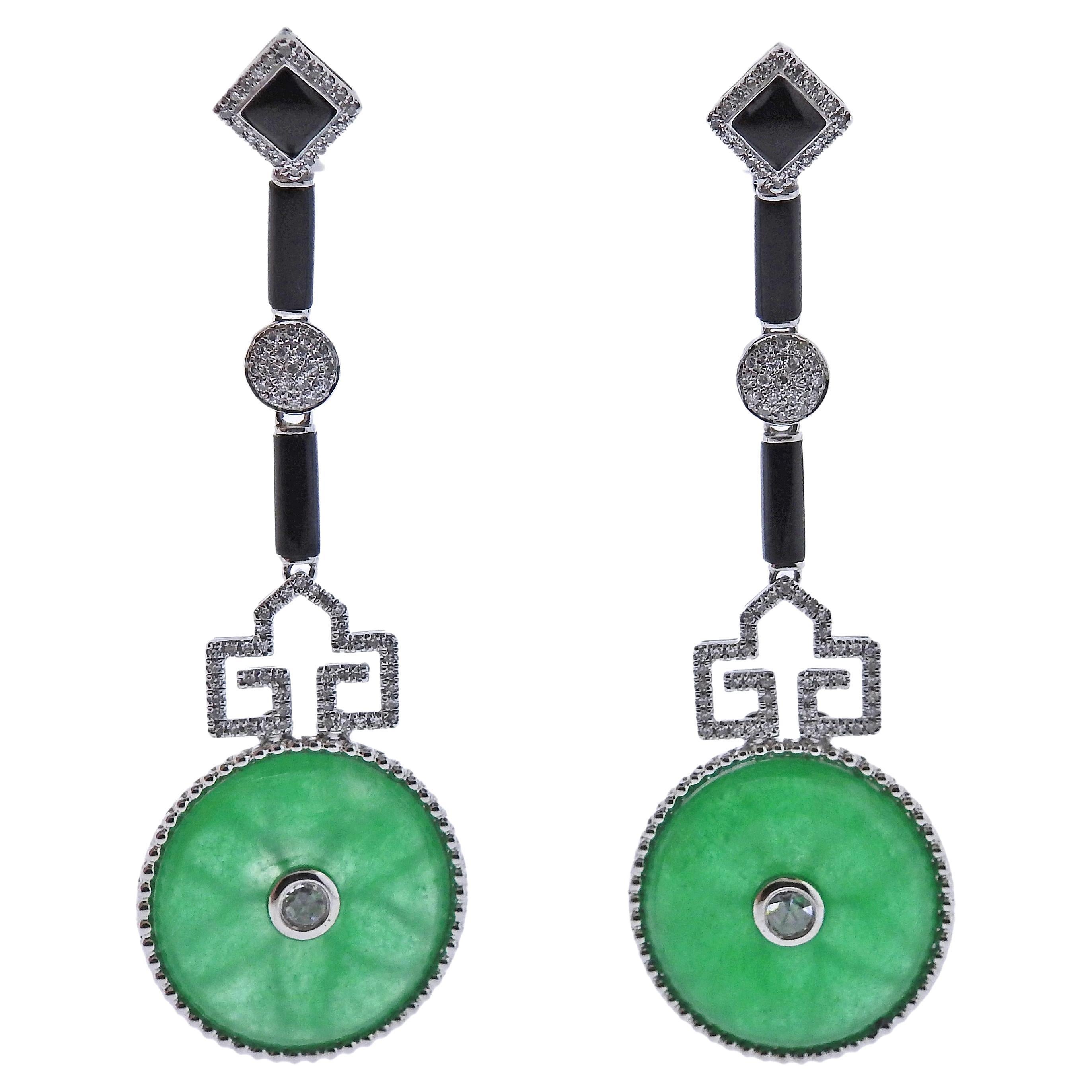 23.50ctw Jadeite Jade Diamond Onyx Gold Drop Earrings For Sale