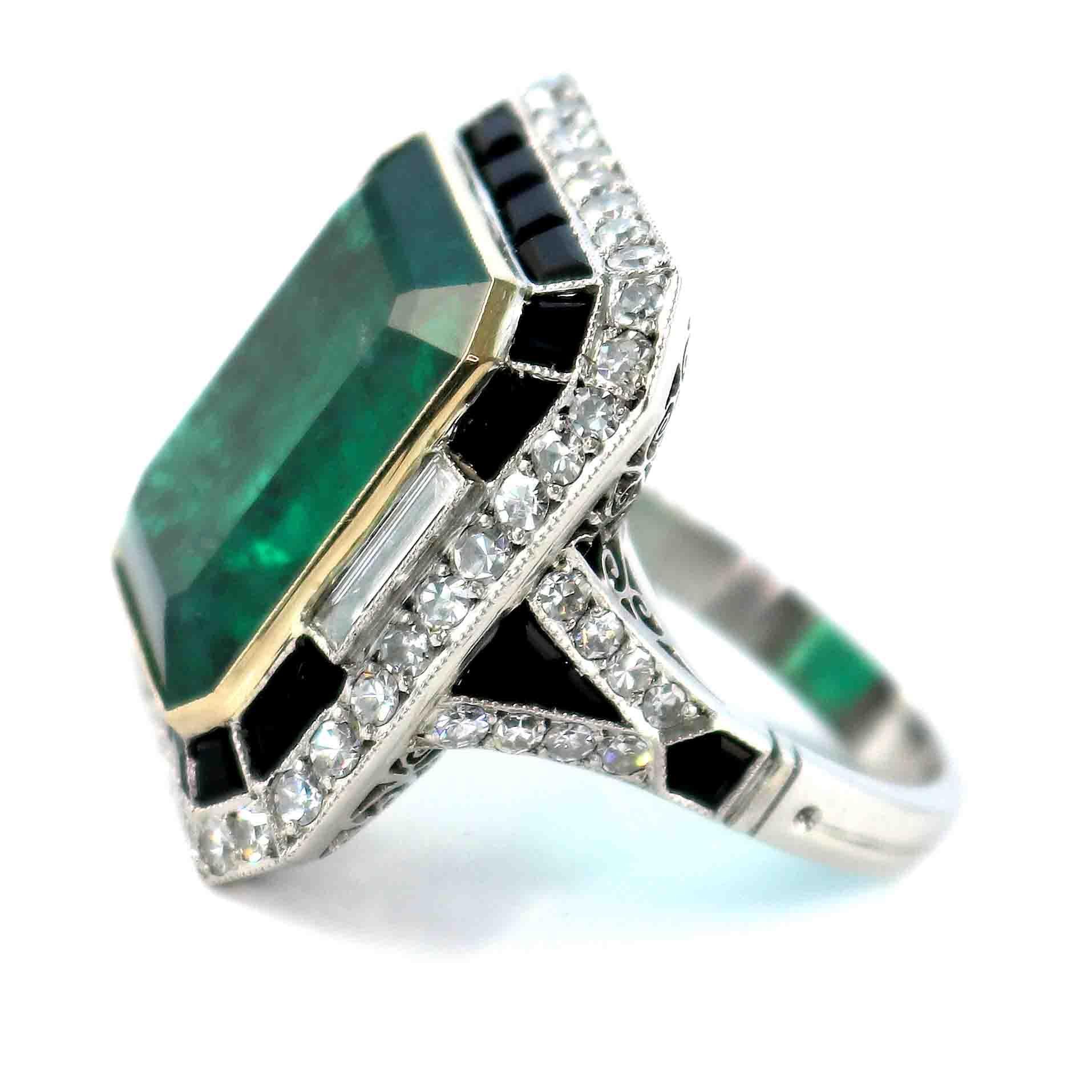 Art Deco 23.53 Carat Emerald Diamond Onyx Platinum Ring