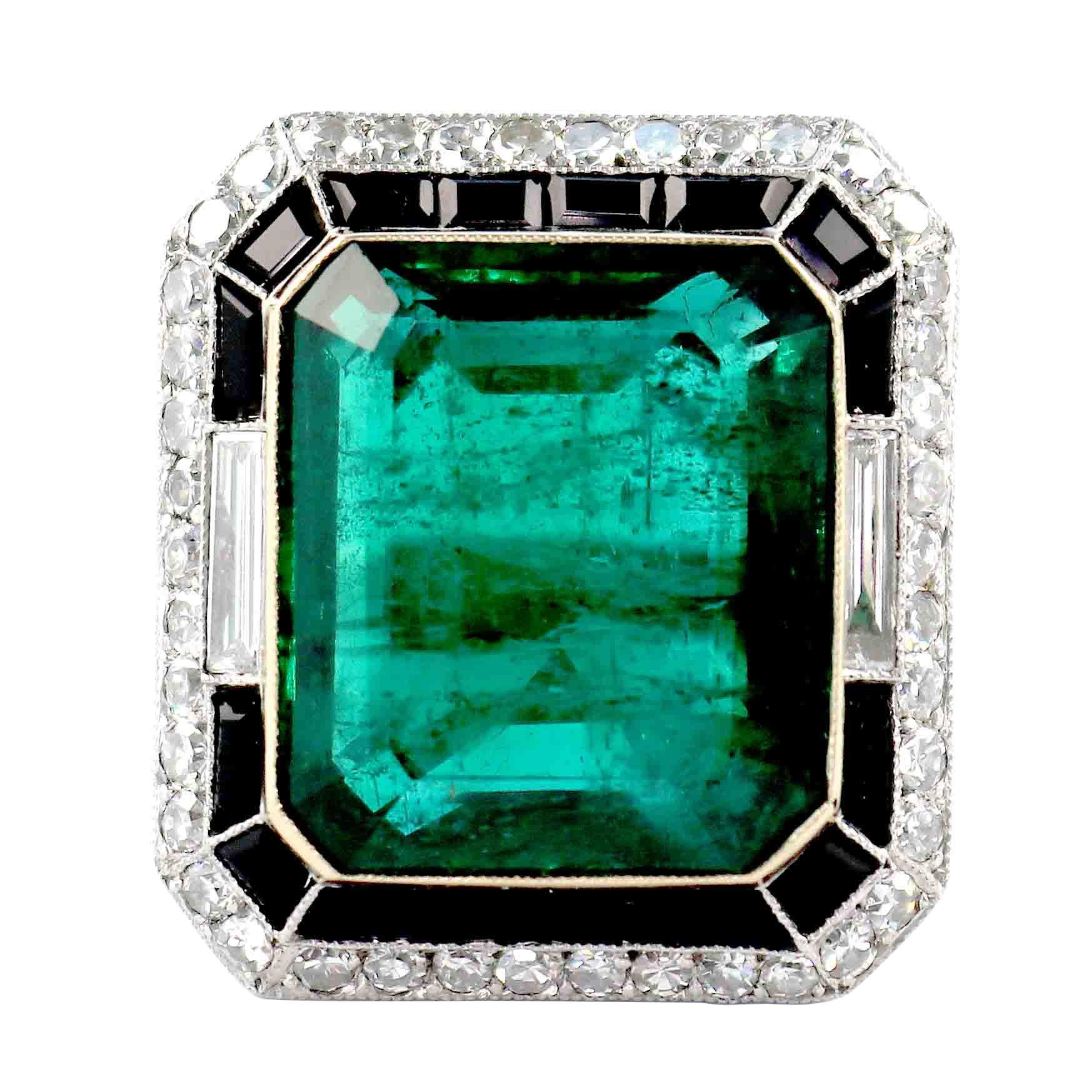 23.53 Carat Emerald Diamond Onyx Platinum Ring