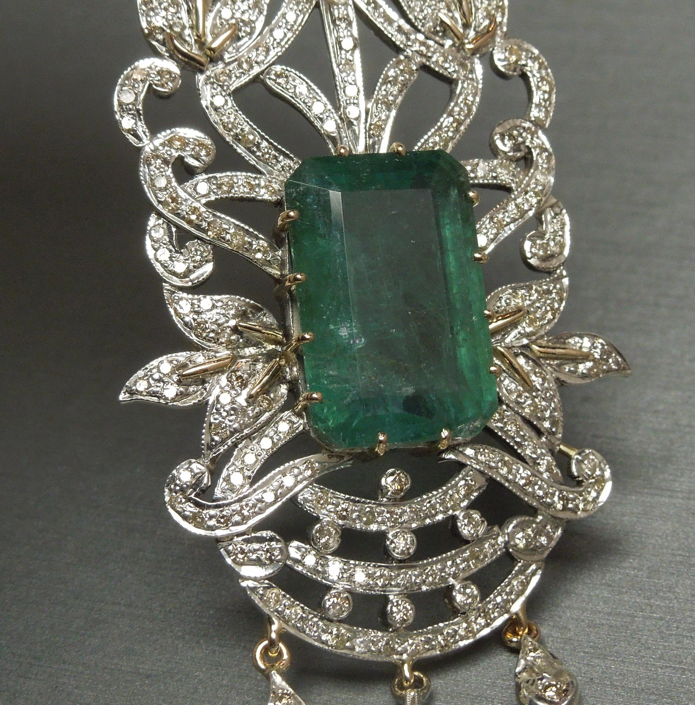 Women's 23.55 Carat Emerald Cut Emerald and Diamond Necklace For Sale