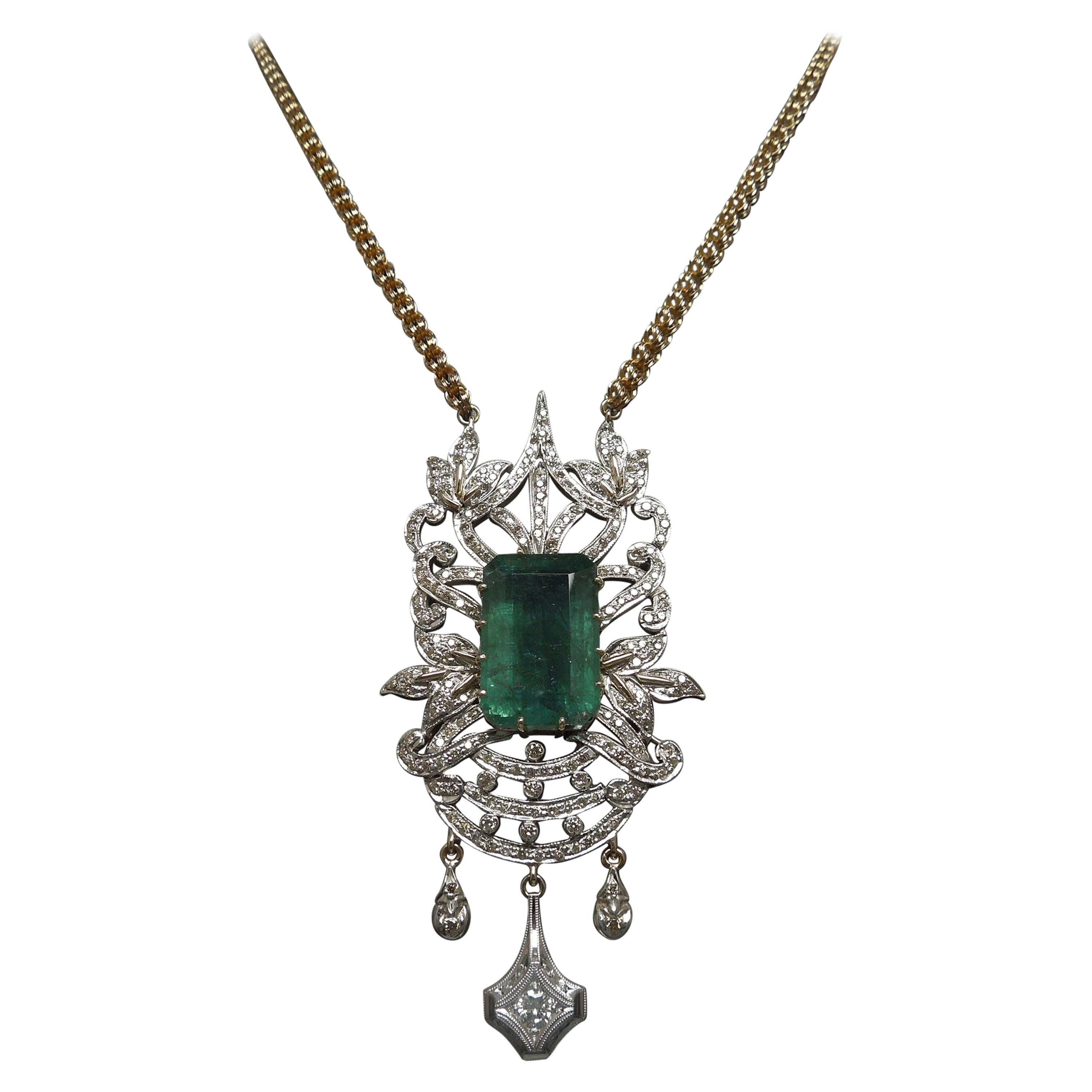 23.55 Carat Emerald Cut Emerald and Diamond Necklace For Sale