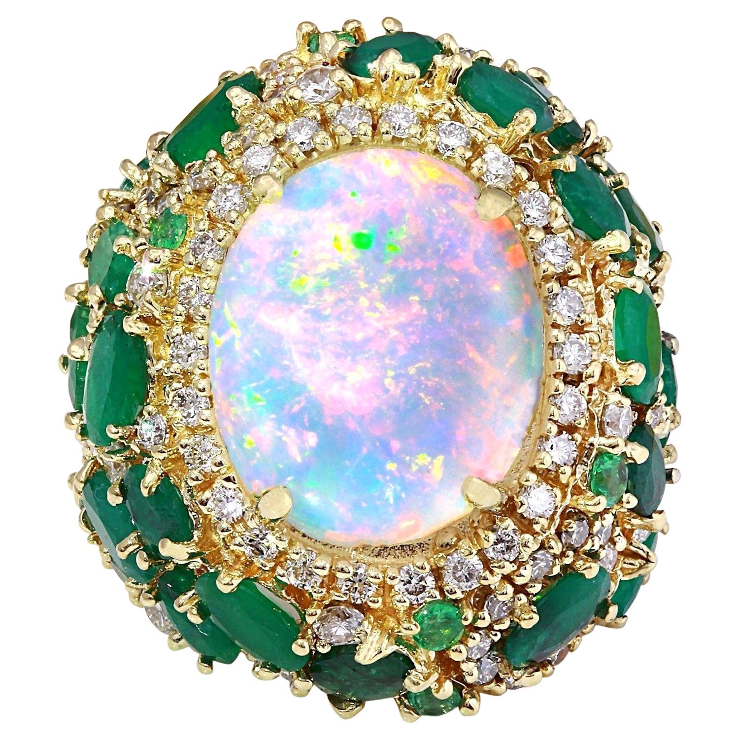 Opal, Emerald Diamond Ring In 14 Karat Solid Yellow Gold  For Sale