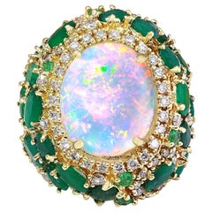 Opal, Emerald Diamond Ring In 14 Karat Solid Yellow Gold 