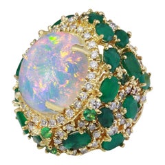 Opal, Emerald Diamond Ring In 14 Karat Solid Yellow Gold
