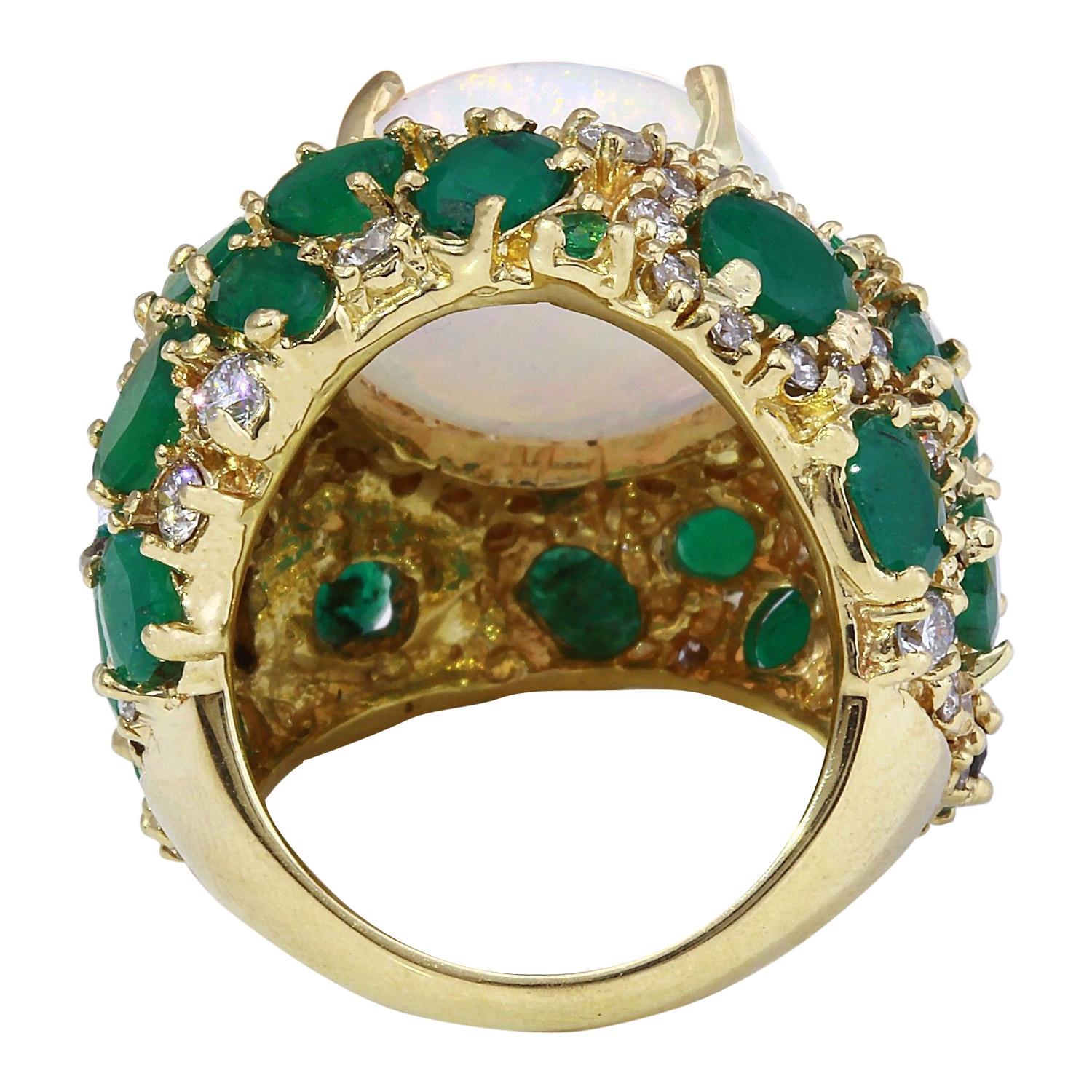 Oval Cut Opal, Emerald Diamond Ring In 14 Karat Solid Yellow Gold  For Sale