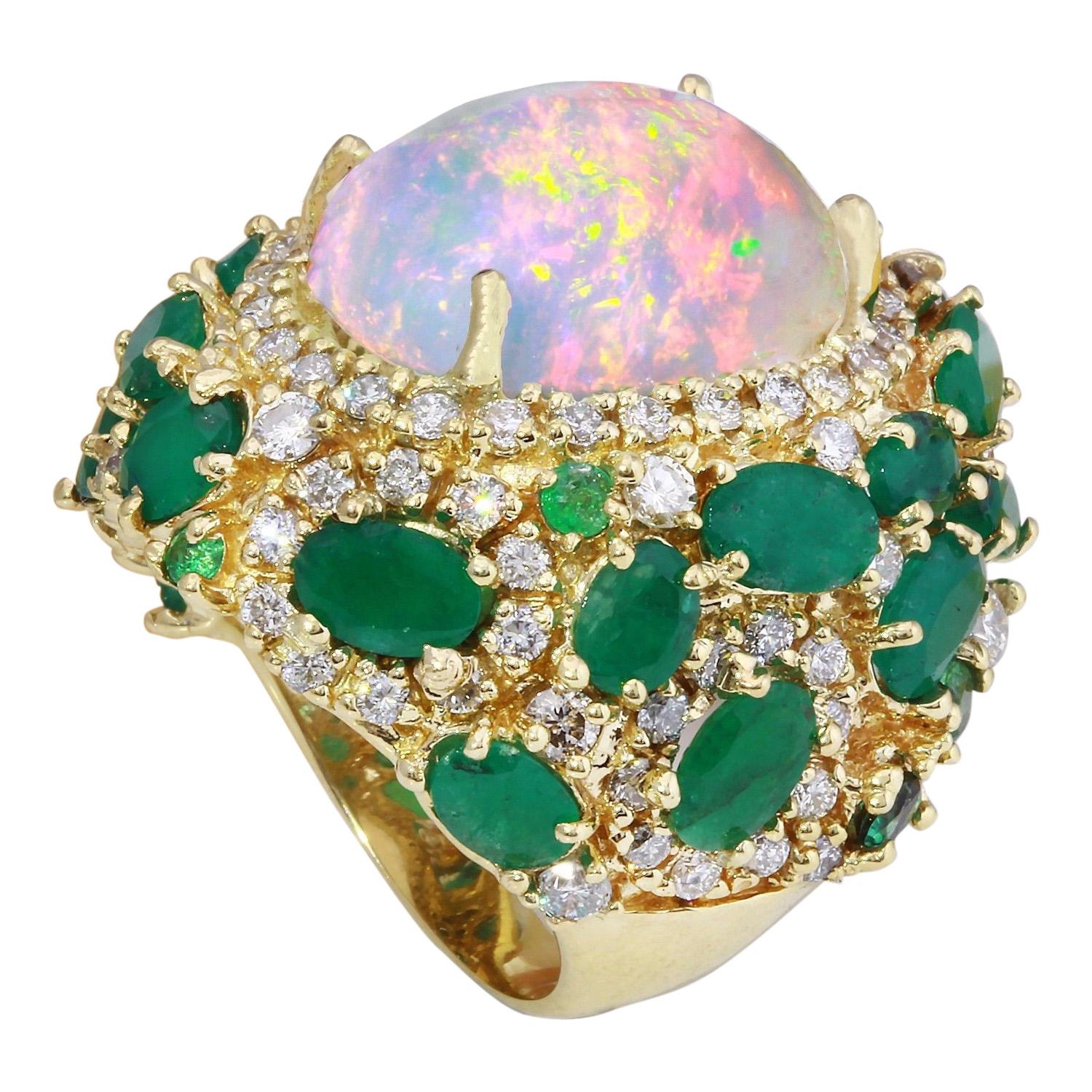 Opal, Emerald Diamond Ring In 14 Karat Solid Yellow Gold  In New Condition For Sale In Los Angeles, CA