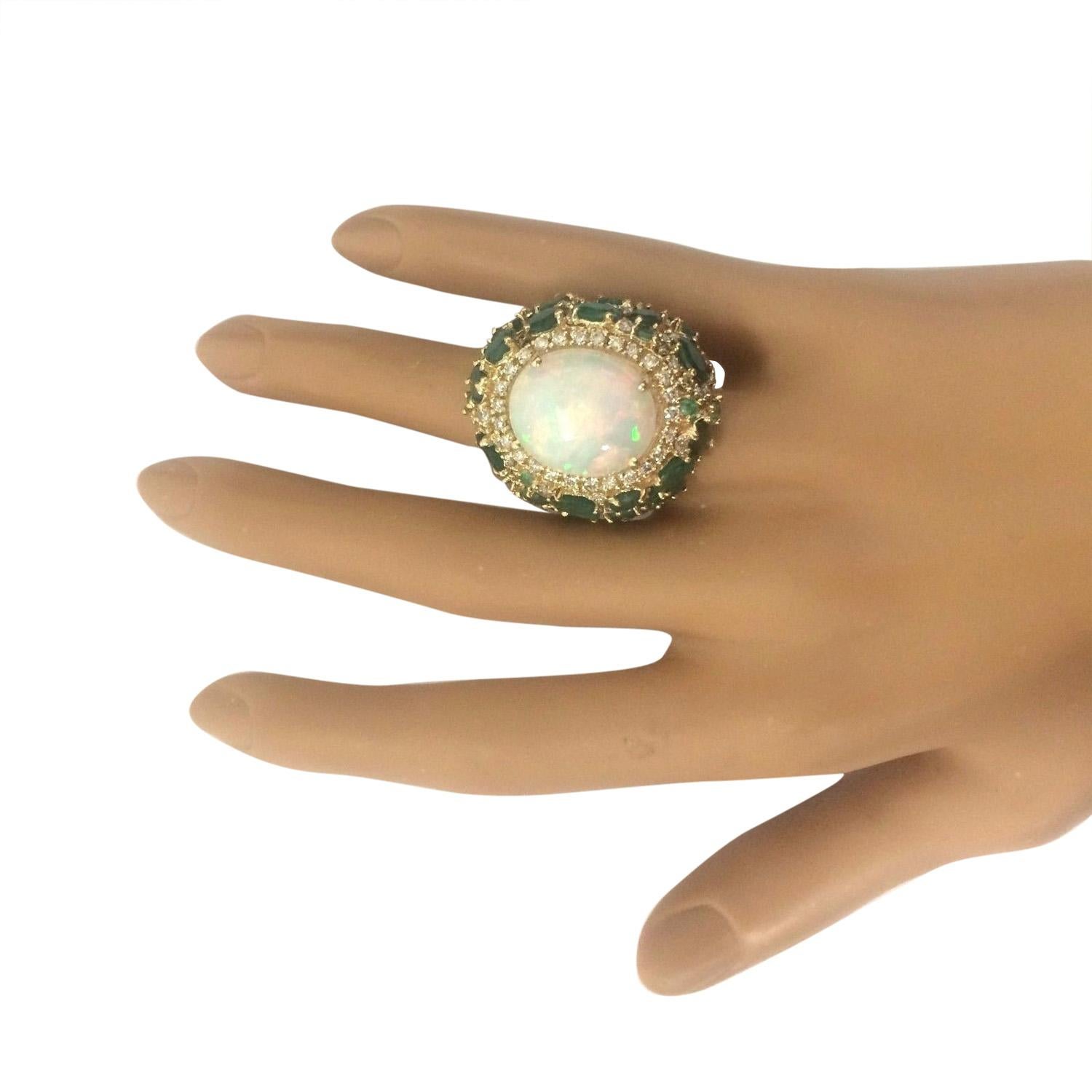 Women's Opal, Emerald Diamond Ring In 14 Karat Solid Yellow Gold  For Sale