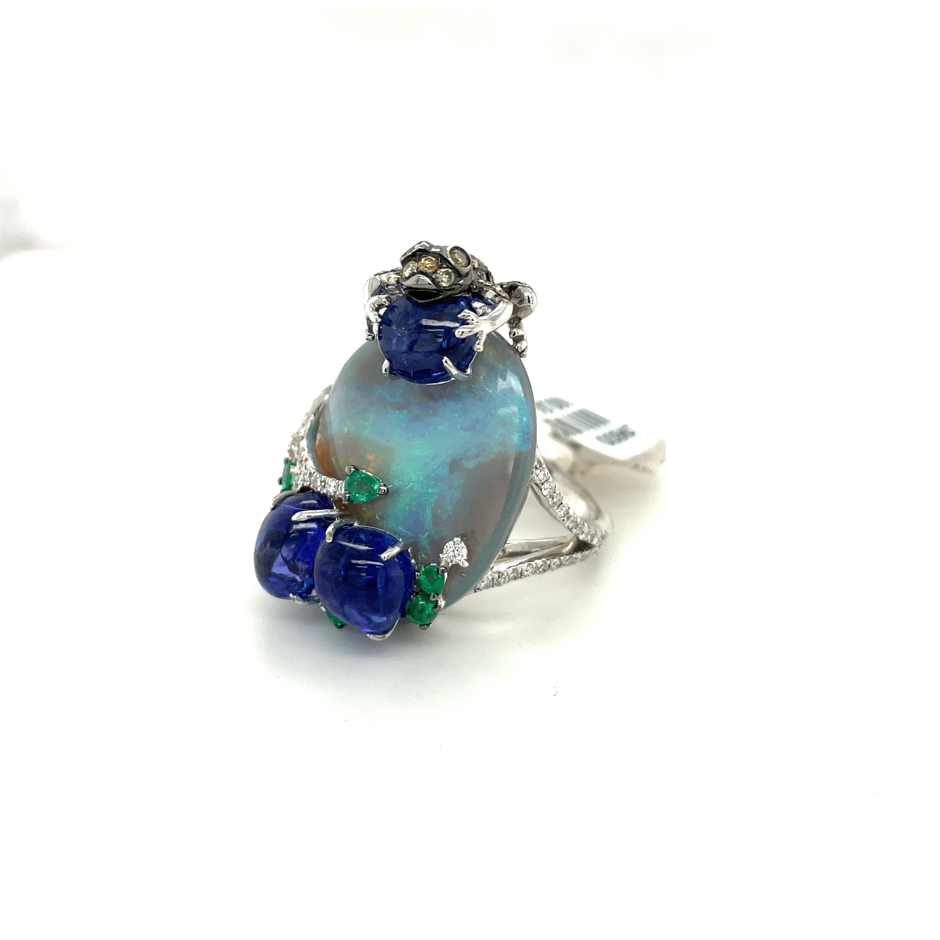 Cabochon 23.55Ct. Opal and Sapphire Ring with Brown Diamond Frog For Sale