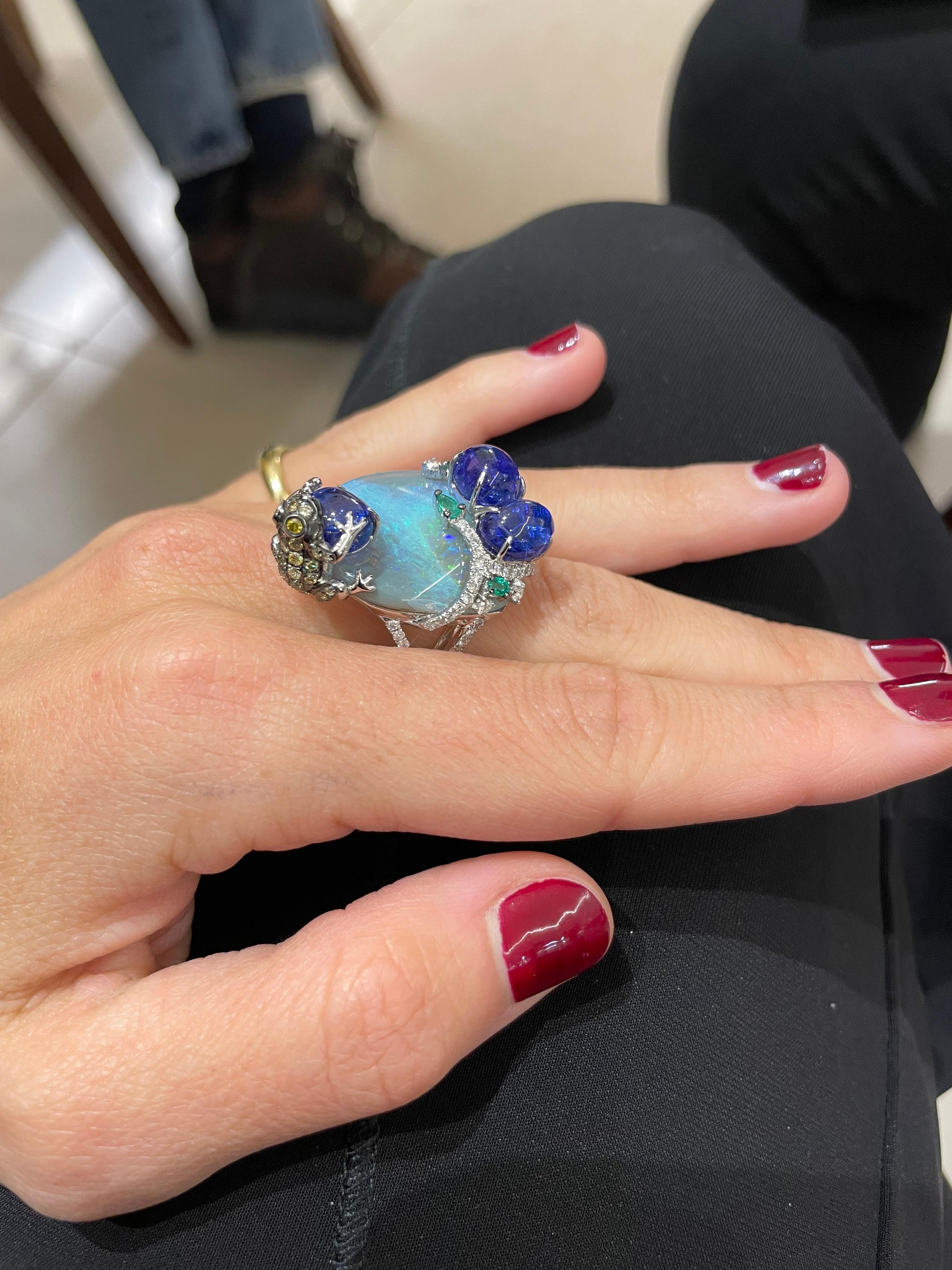 Women's or Men's 23.55Ct. Opal and Sapphire Ring with Brown Diamond Frog For Sale