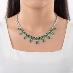 18K White Gold 23.57Ct Pear Cut Zambian Emerald & Diamond Wedding Bride Necklace