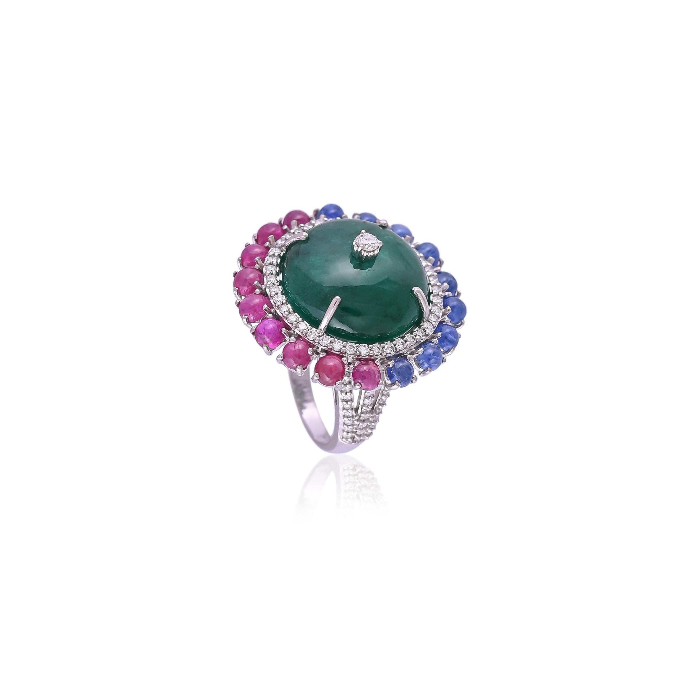Art Deco 23.58 Carats, Emerald, Blue Sapphire, Ruby & Diamonds Cocktail Ring
