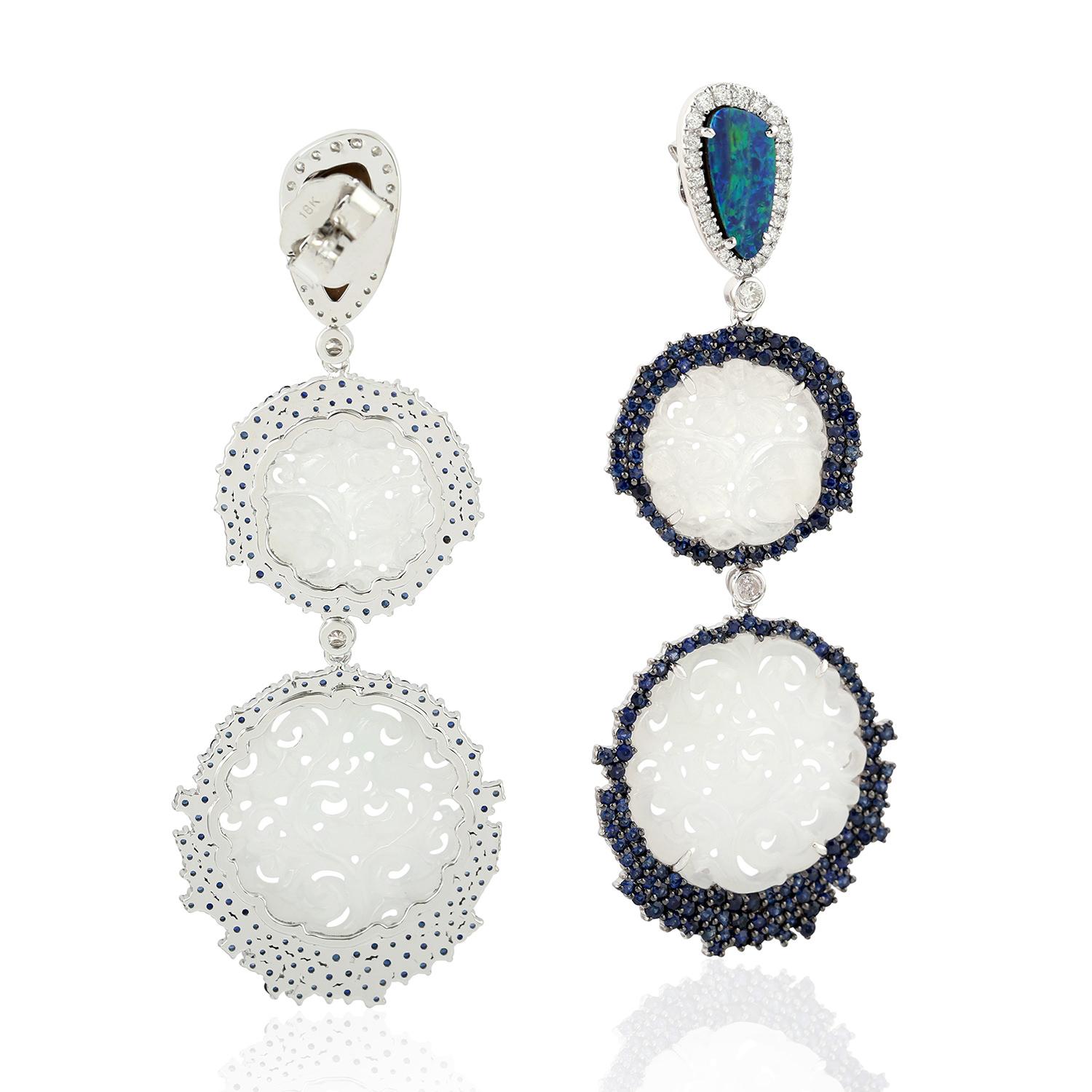 Contemporary 23.59ct Carved Jade Dangle Earrings With Opal & Sapphire made In 18k White Gold For Sale