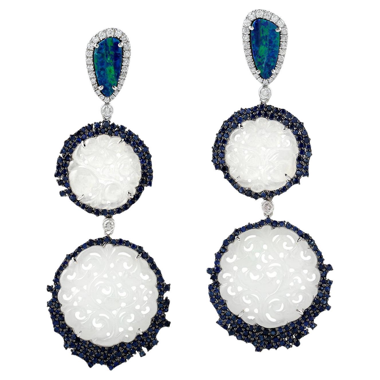 23.59ct Carved Jade Dangle Earrings With Opal & Sapphire made In 18k White Gold For Sale