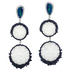 23.59ct Carved Jade Dangle Earrings With Opal & Sapphire made In 18k White Gold