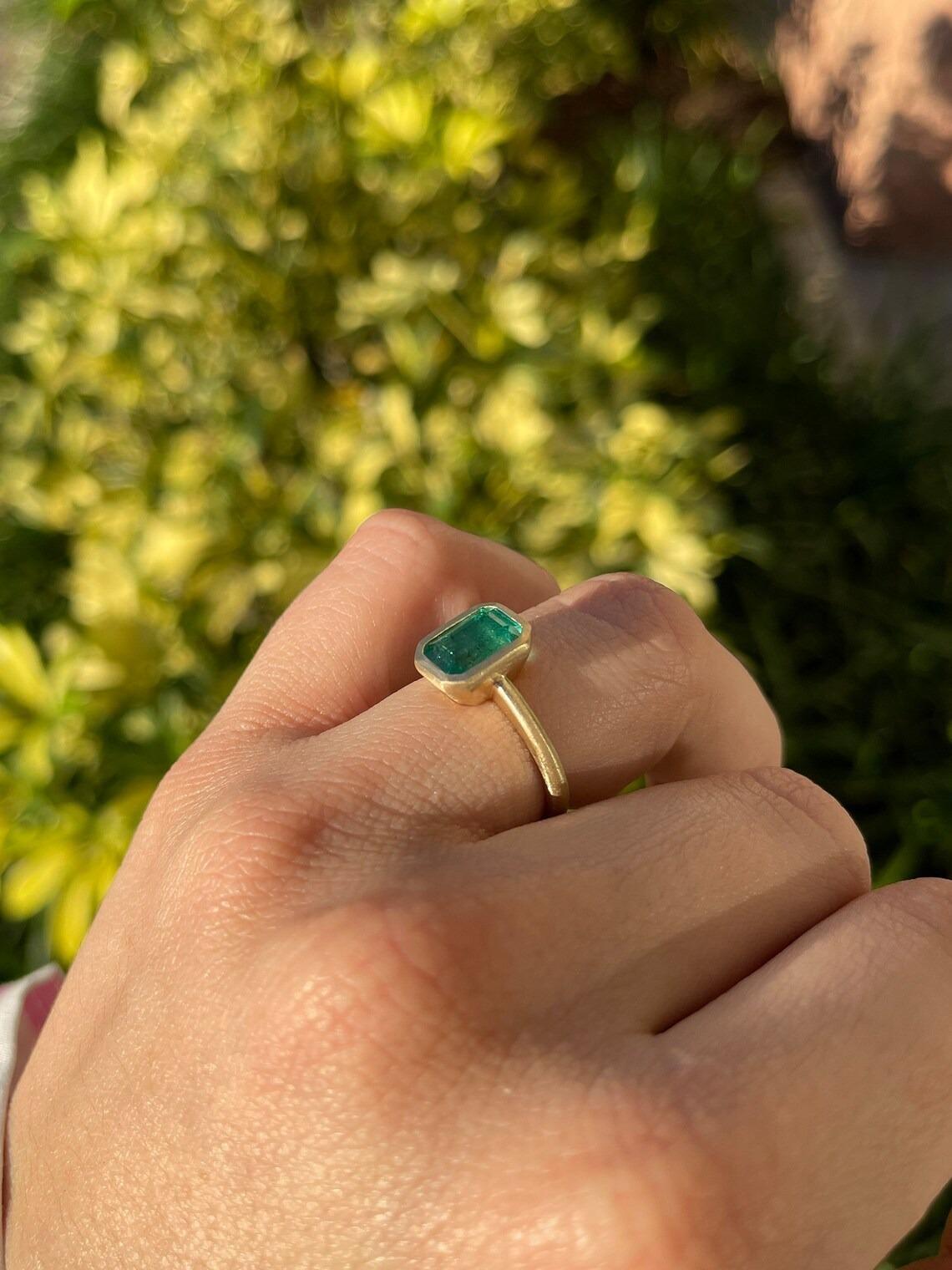 2.35ct 14K Natural Dark Green Emerald Cut Emerald Solitaire Engagement BezelRing In New Condition In Jupiter, FL
