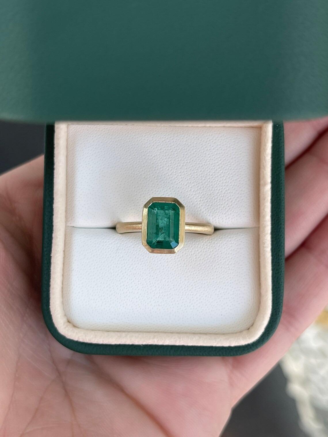 Men's 2.35ct 14K Natural Dark Green Emerald Cut Emerald Solitaire Engagement BezelRing